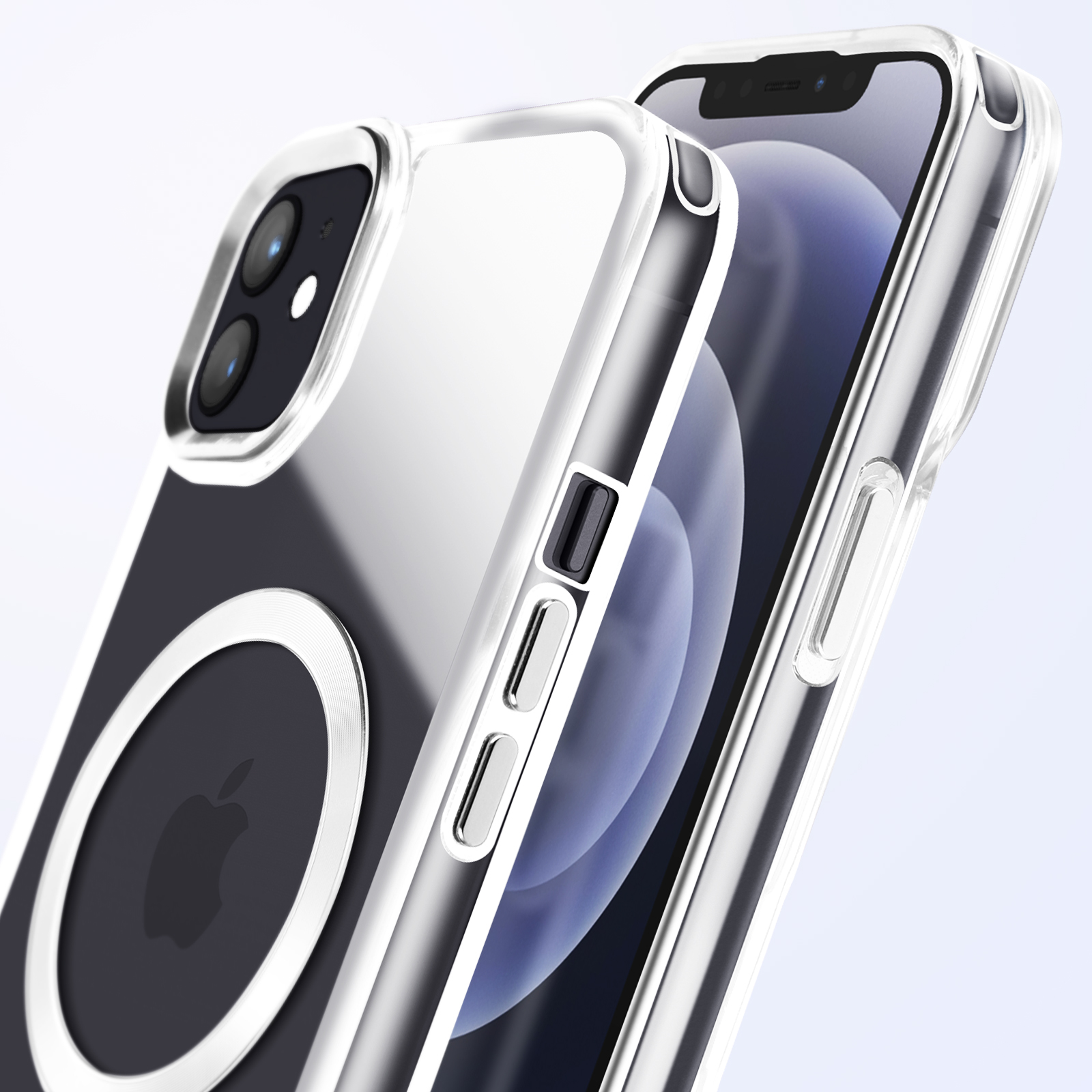 Una custodia trasparente con un telefono all'interno. Il telefono ha due fotocamere. Lo sfondo è azzurro.