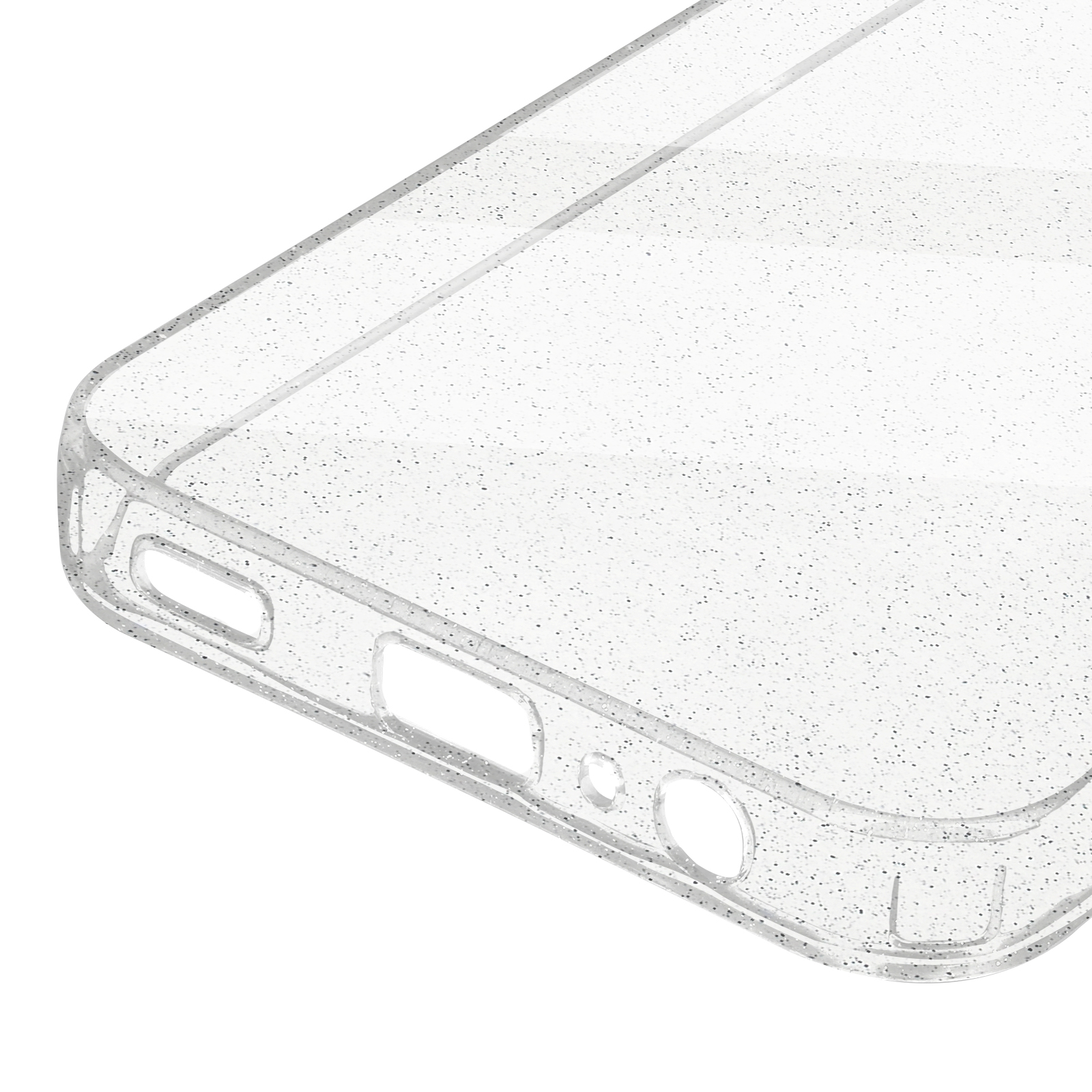 Custodia trasparente con glitter e ritagli per le porte.