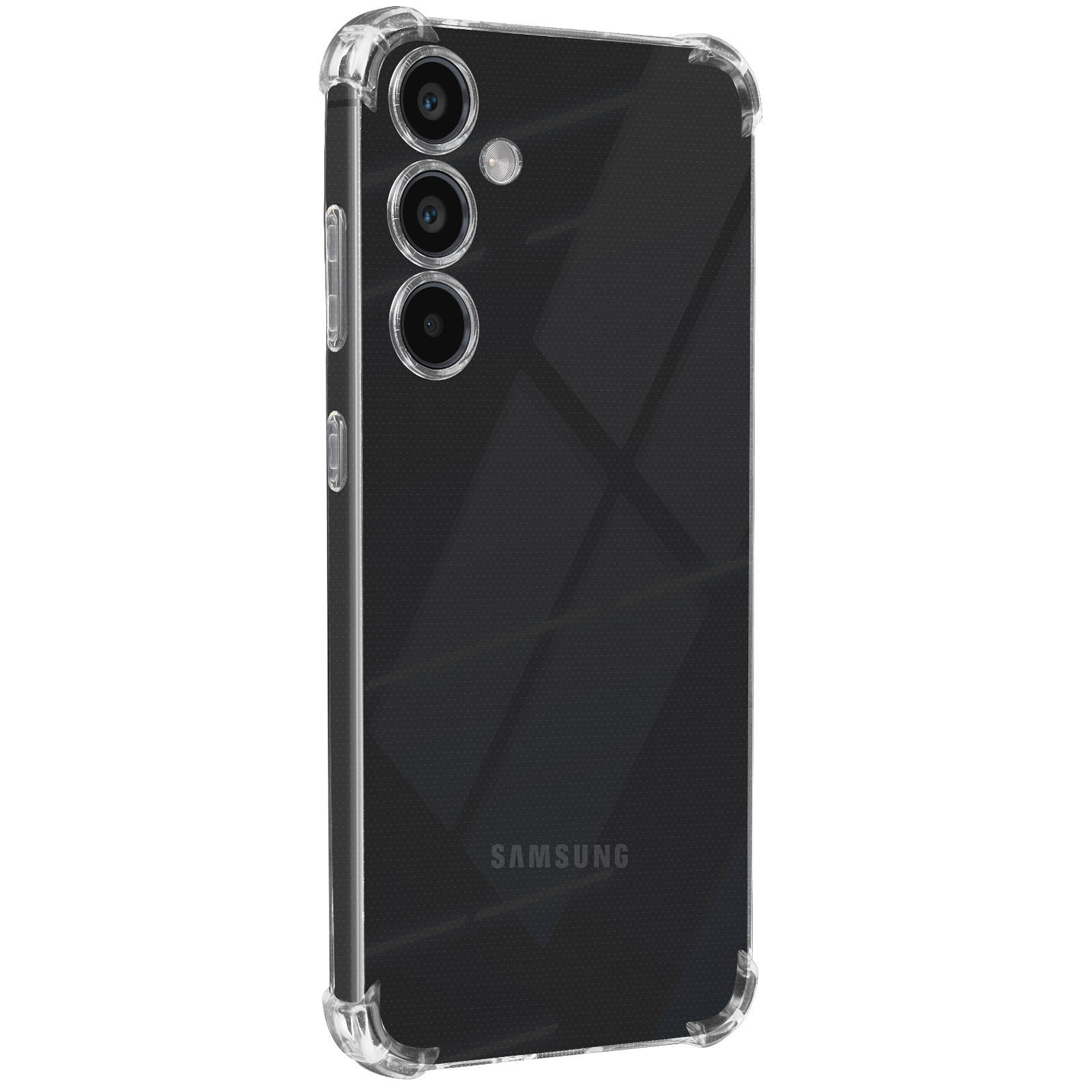 Custodia trasparente su un telefono. Il telefono ha uno schermo nero e tre fotocamere.