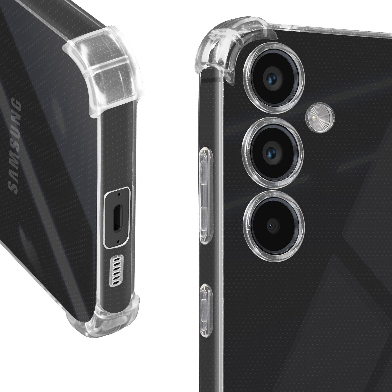 Angoli della custodia del telefono. Angoli trasparenti su un telefono nero. Mostra i pulsanti laterali e la fotocamera.