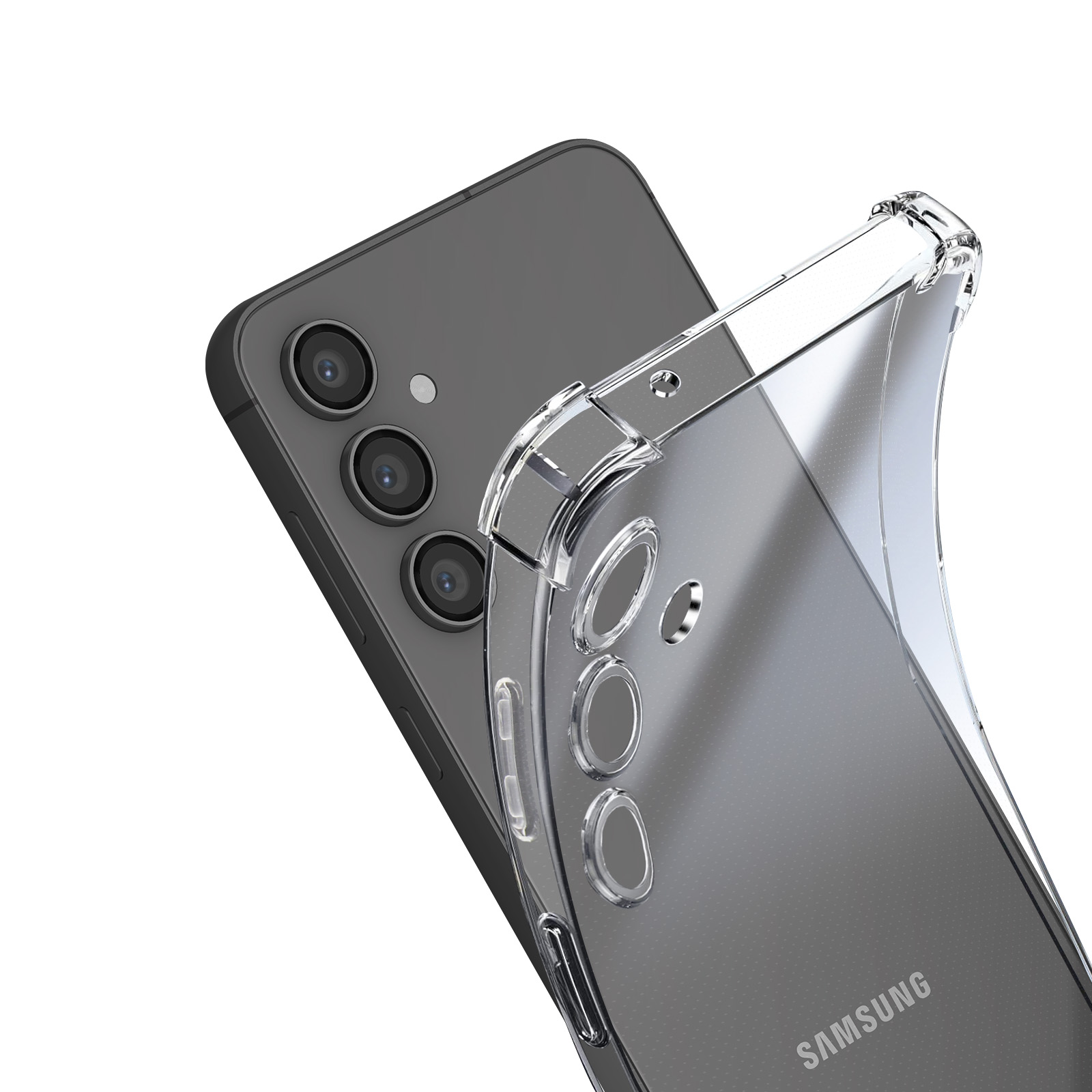 Custodia trasparente per telefono su un telefono grigio. La custodia è vicina al telefono.