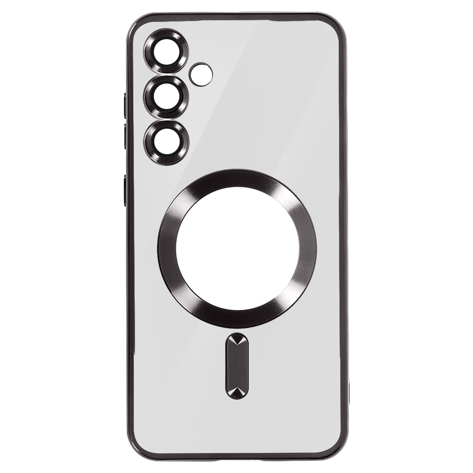 Una custodia trasparente per telefono. La custodia ha ritagli per gli obiettivi della fotocamera, il flash e il pulsante di accensione.