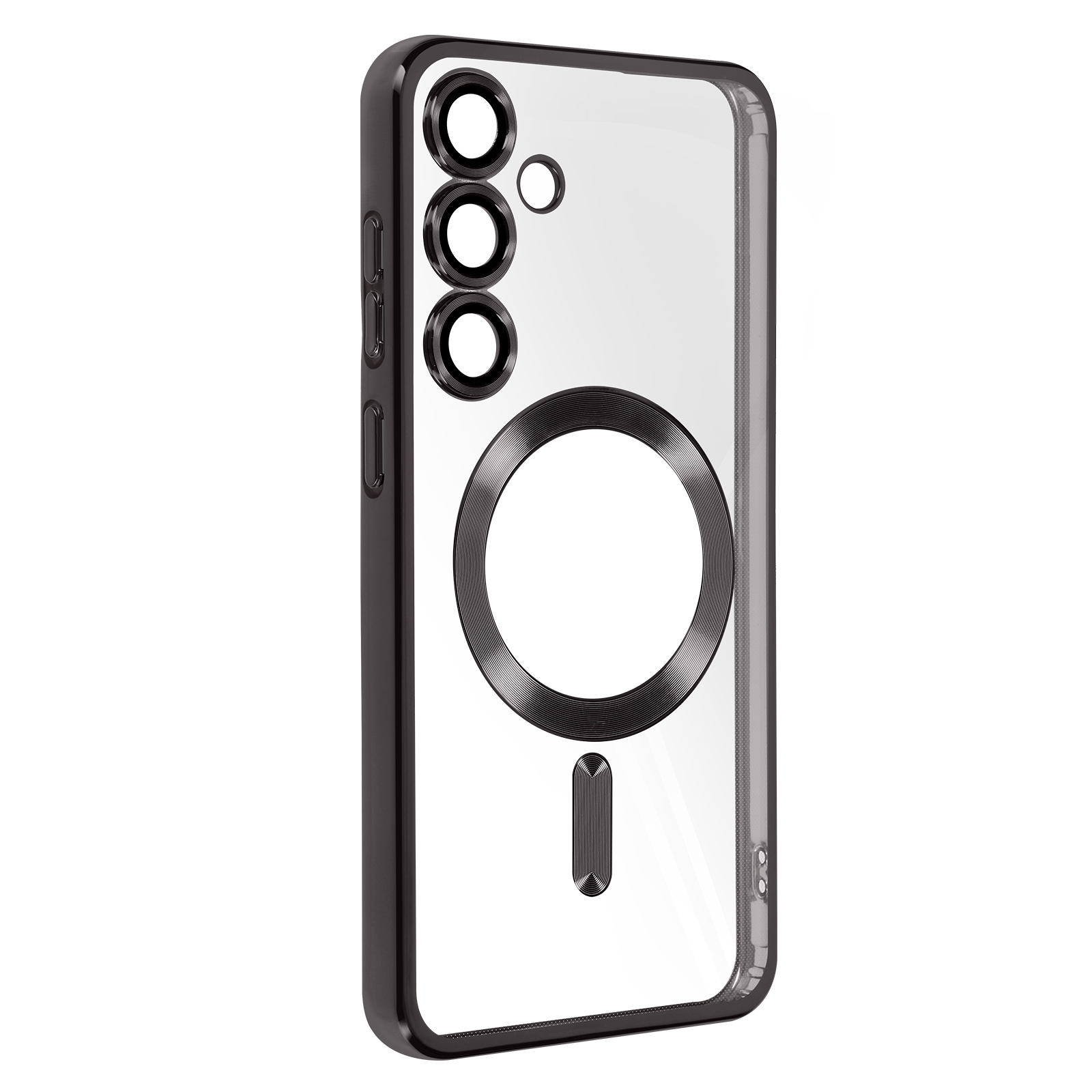 Una custodia trasparente con un cerchio scuro e tre fori per la fotocamera, bordo nero e retro trasparente.