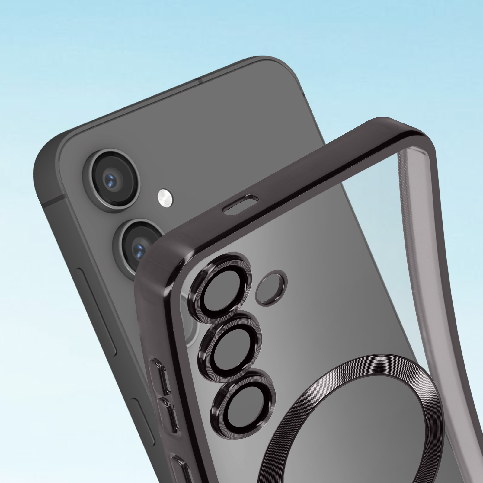 Telefono con custodia, cornice trasparente e anello nero. Sfondo blu.