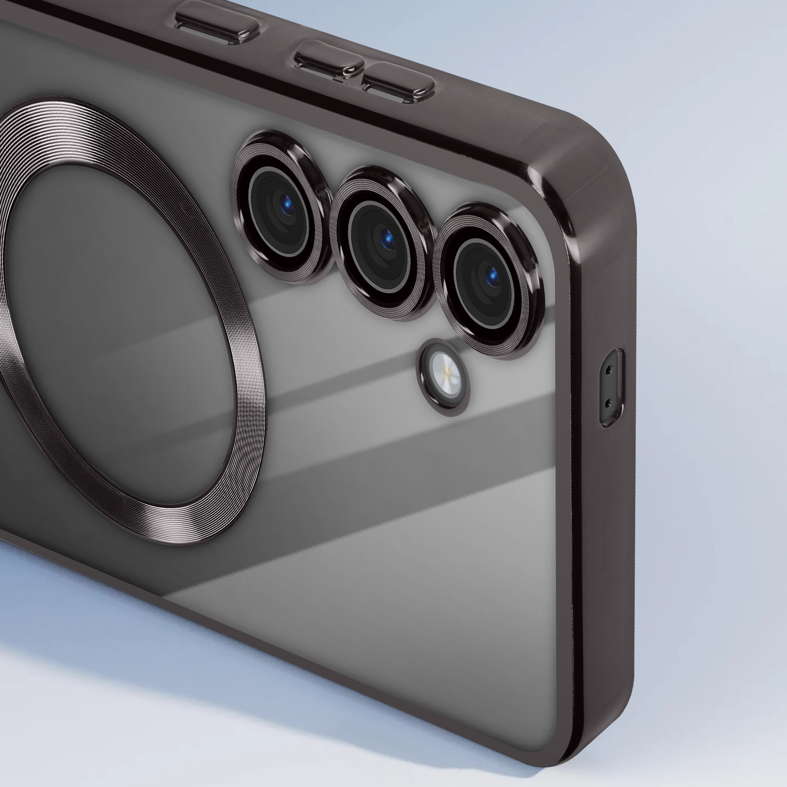 Custodia per telefono con tre fotocamere e un anello metallico.