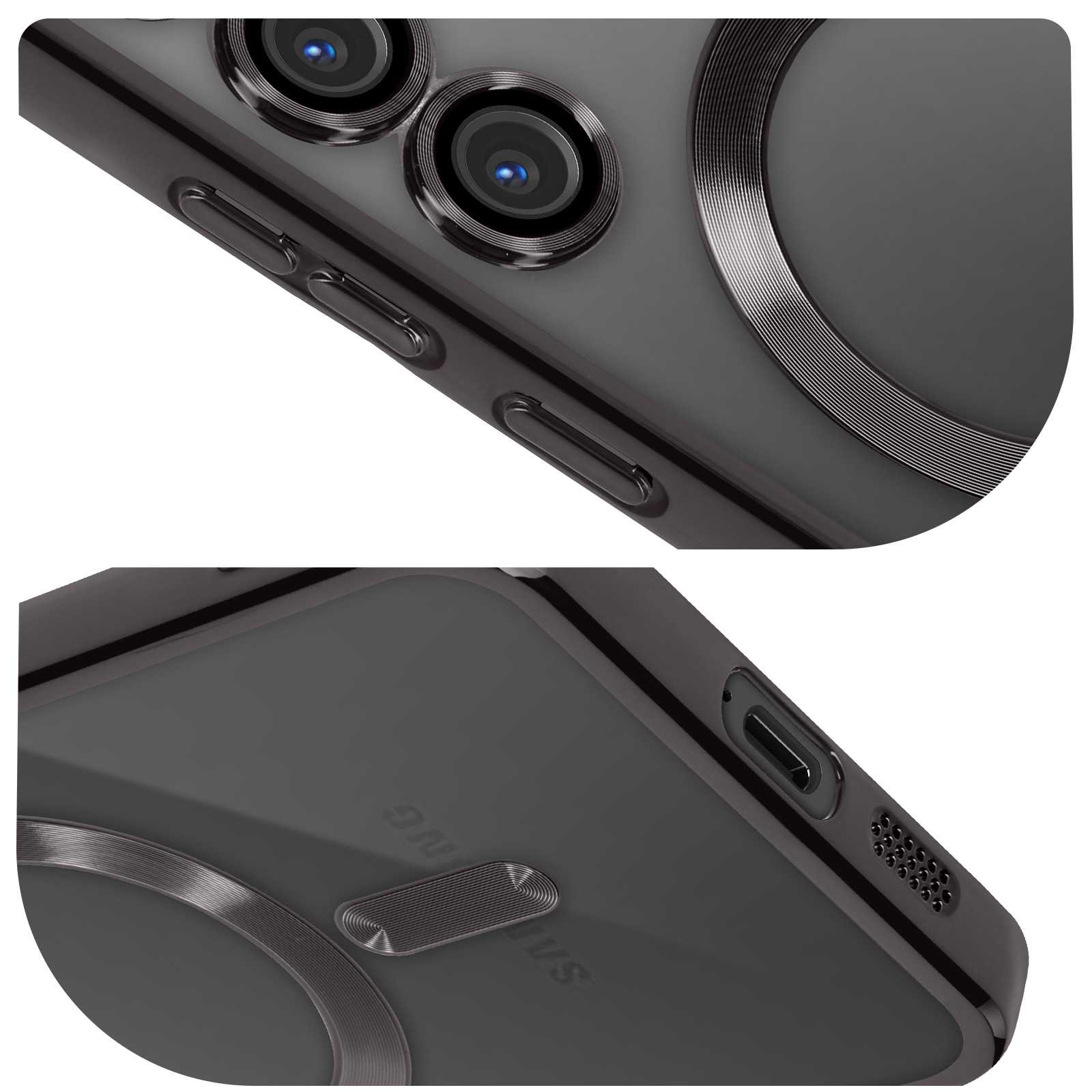 Primo piano di un telefono con custodia grigio scuro. Mostra fotocamera e pulsanti.