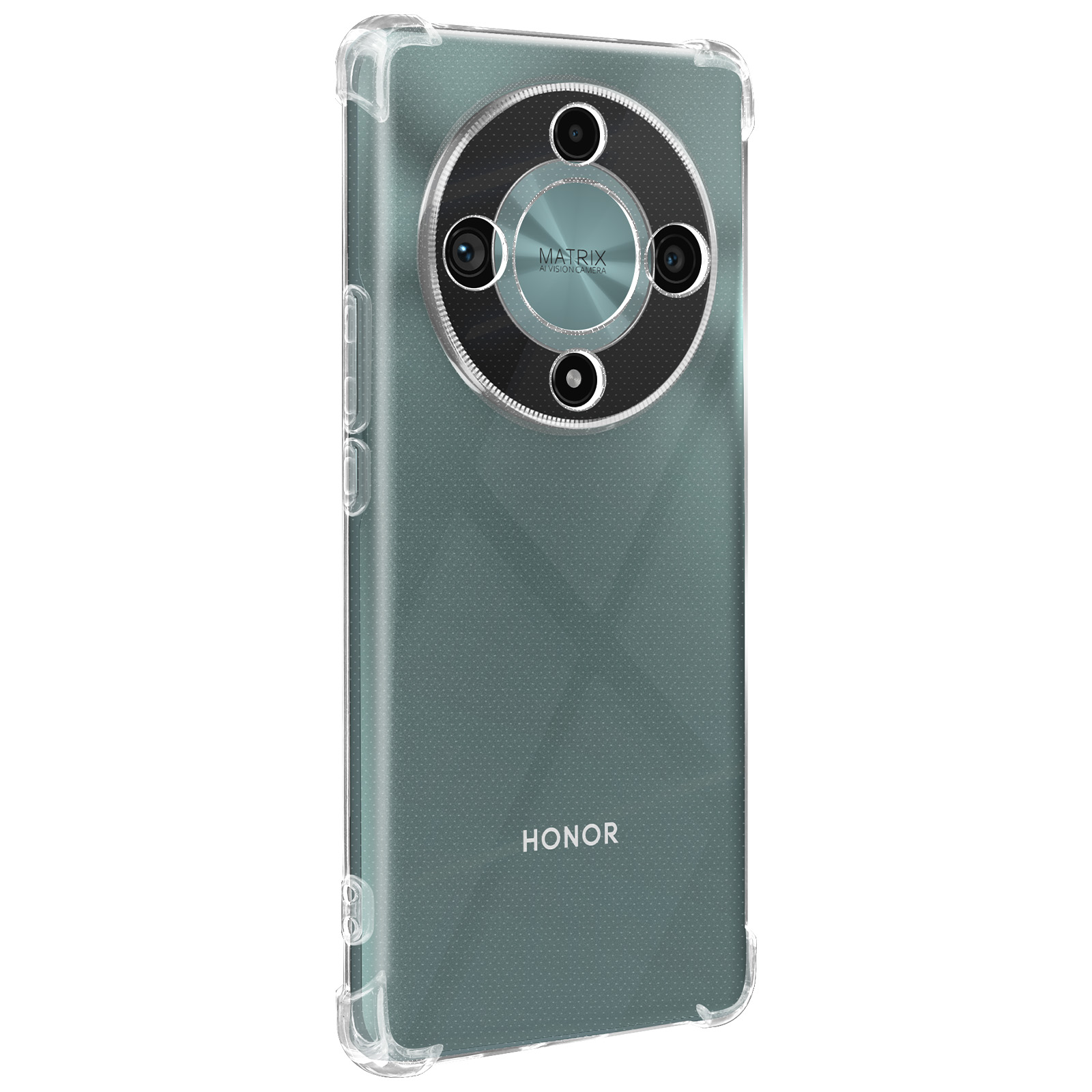 Custodia trasparente con dettagli della fotocamera. Logo Honor. Sfondo bianco.