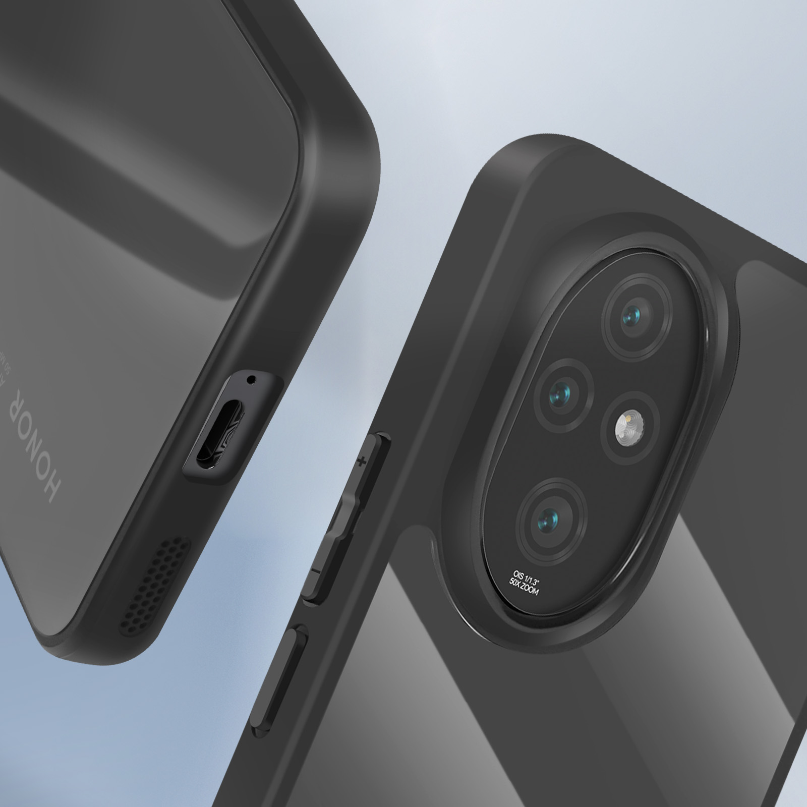 Custodia nera per telefono con ritagli per fotocamera e pulsanti. Trasparente e lucida. Sfondo grigio.