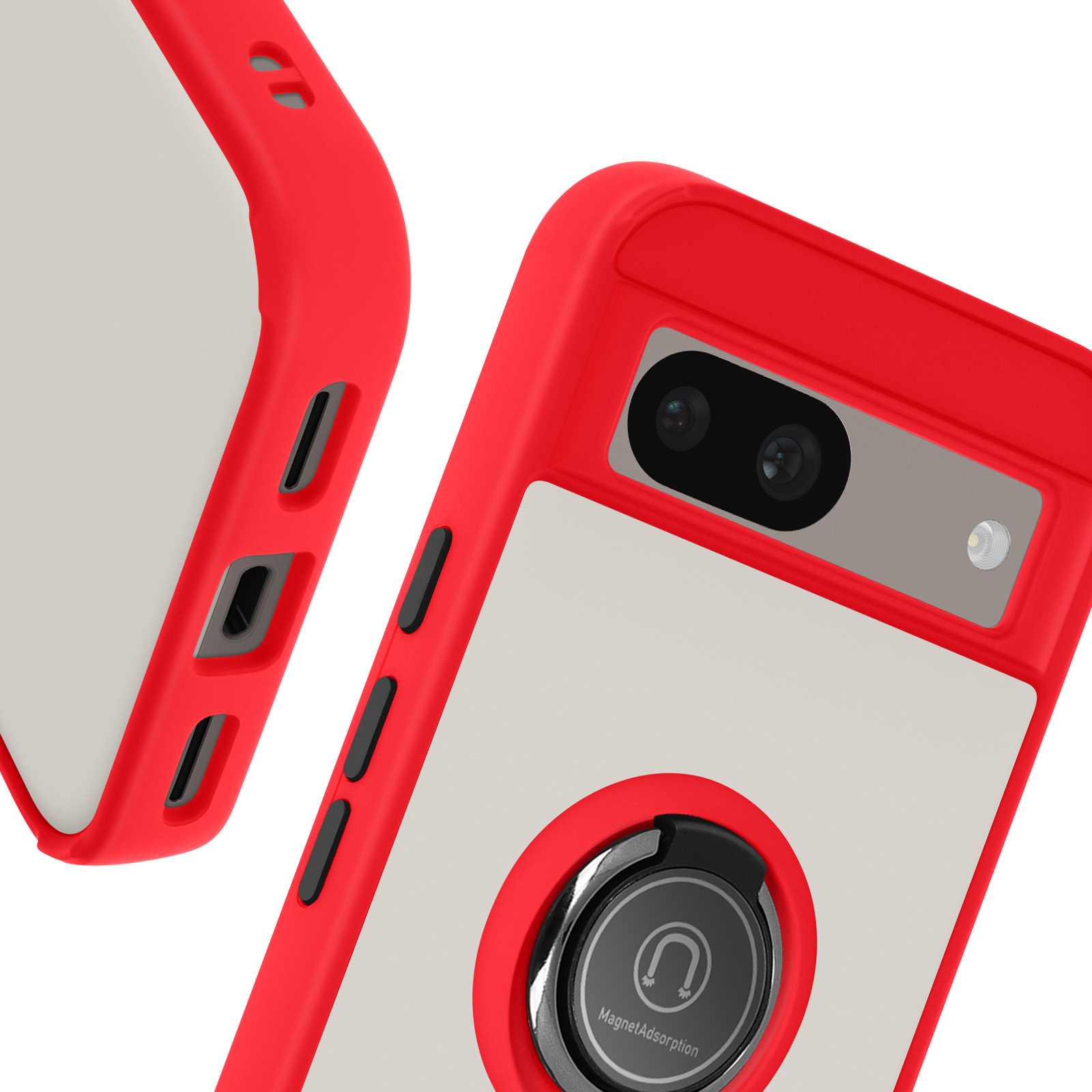 Custodia rossa e bianca. Un porta anello è visibile. Parte del telefono.