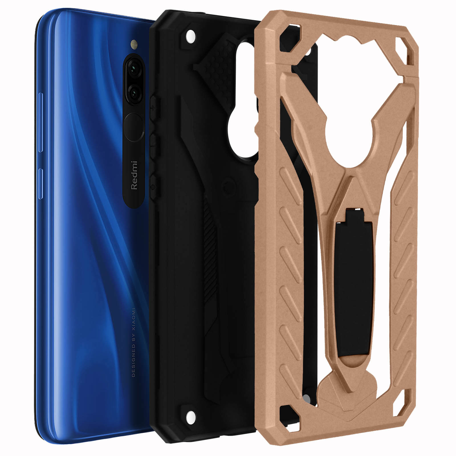 Un telefono, una custodia e un telaio. Telefono blu, custodia nera e oro, telaio marrone.