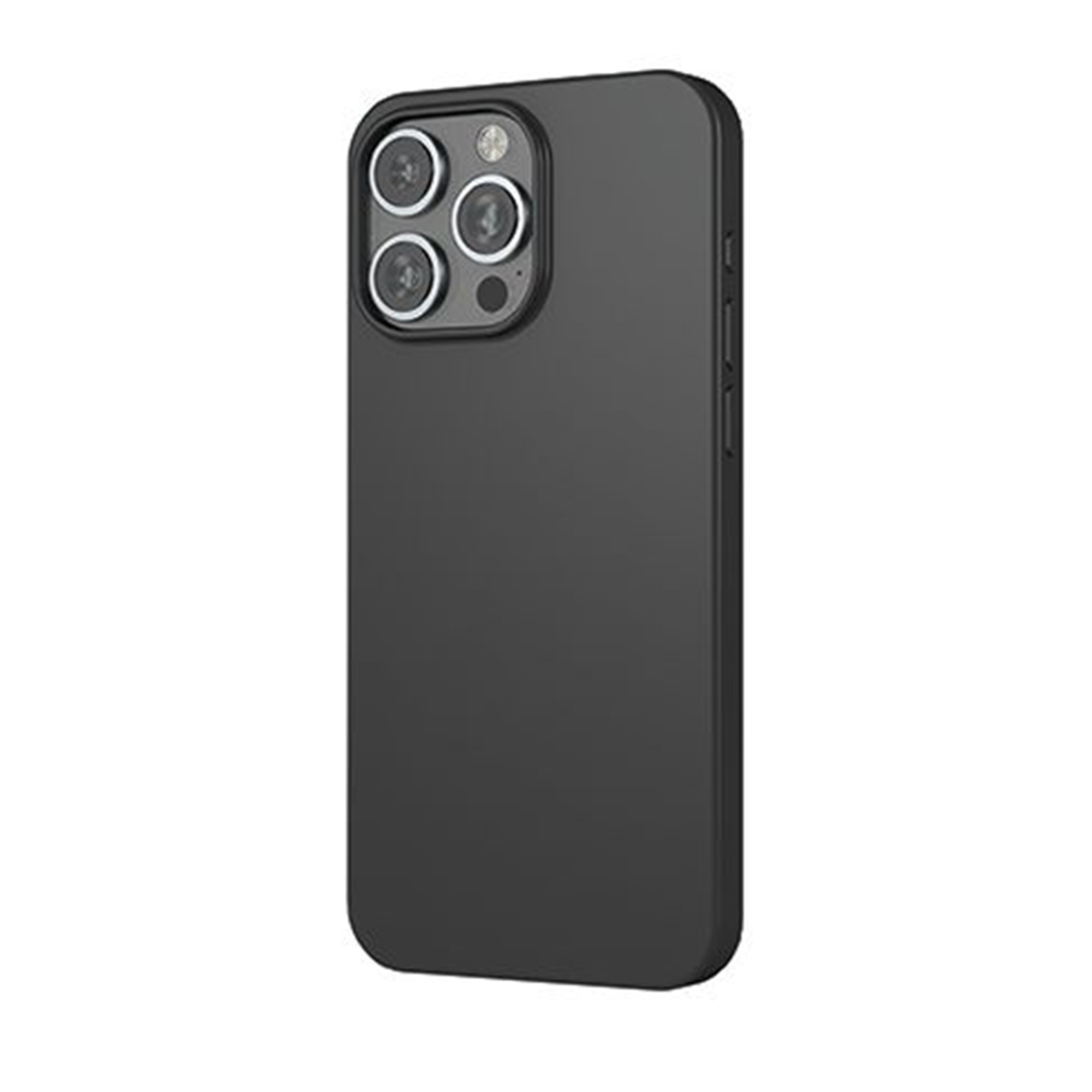 Custodia per telefono nera con finitura opaca. Il modulo fotocamera è visibile in alto a sinistra.