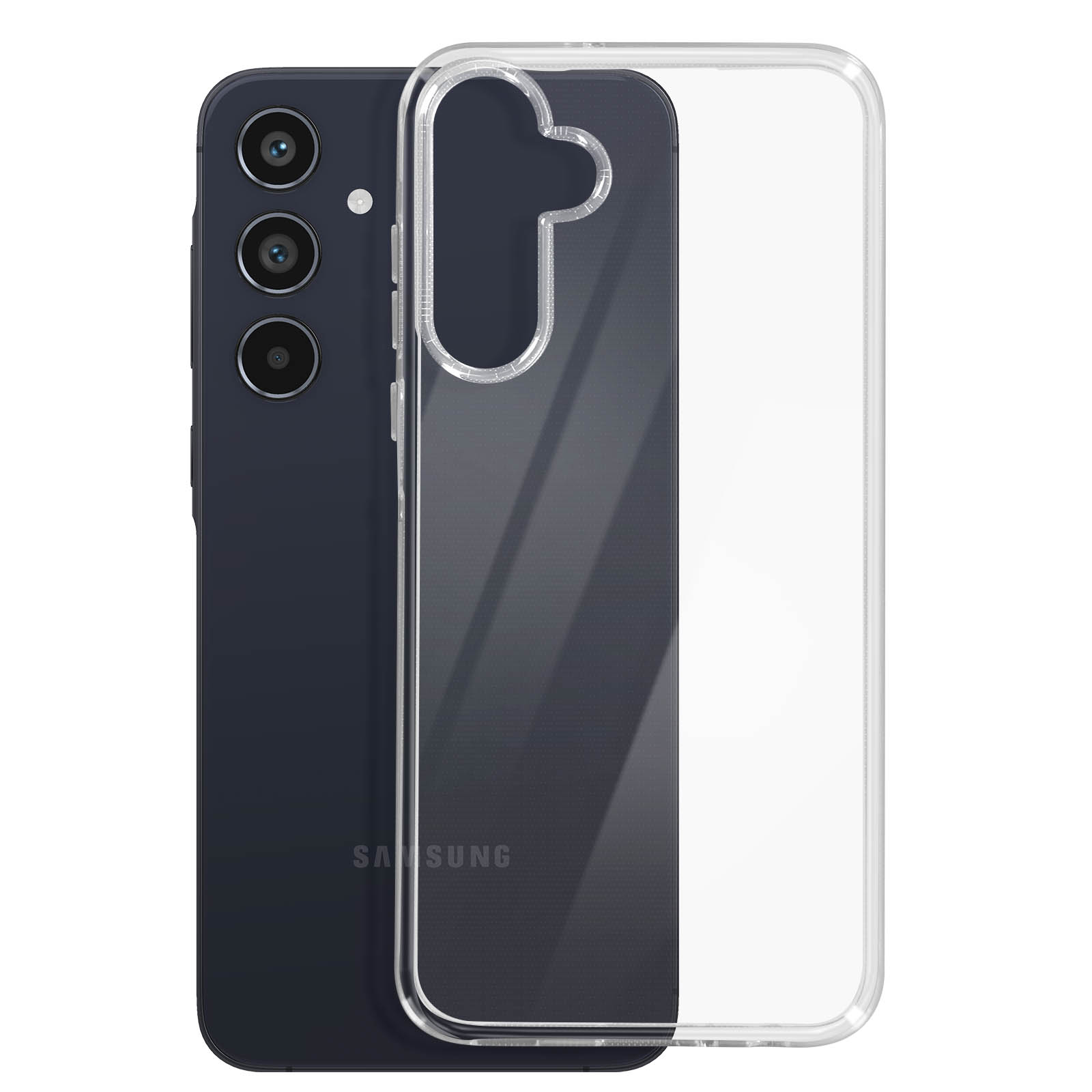 Custodia trasparente con telefono dentro. Il telefono ha tre lenti della fotocamera. Etichetta Samsung in basso.