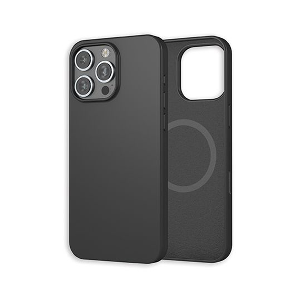 Custodia nera con telefono nero. Obiettivi a doppia fotocamera visibili.