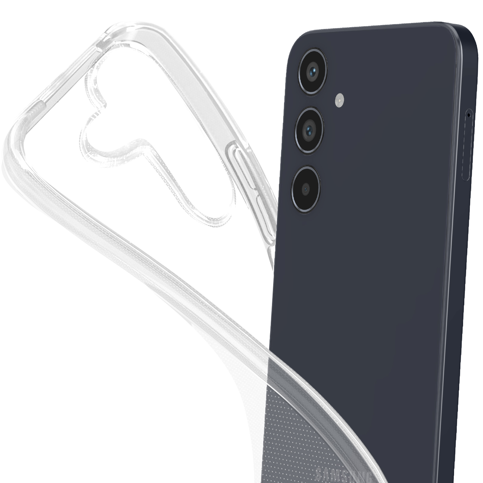 Telefono e custodia trasparente. Il telefono è blu scuro. La custodia copre parzialmente.