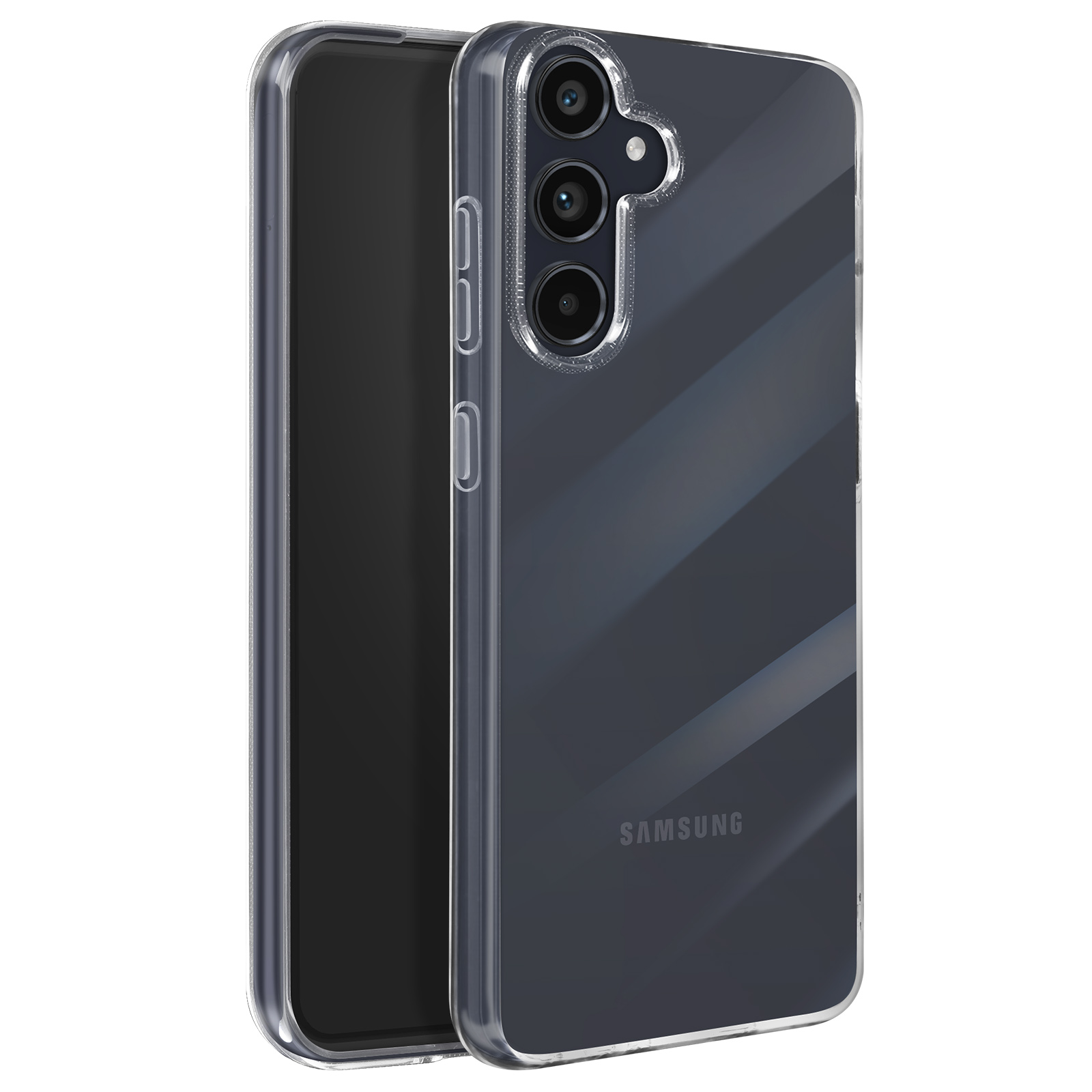 Custodia trasparente su un telefono Samsung, che mostra il design, le fotocamere e i pulsanti.