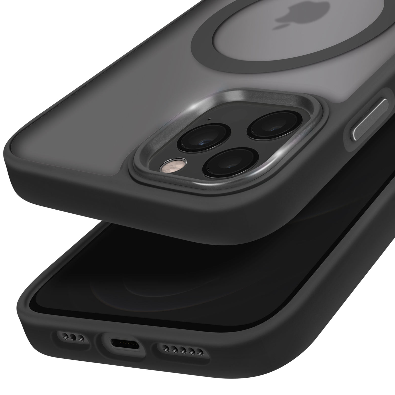 Custodia nera con ritaglio per fotocamera, vista ravvicinata di un telefono nero.