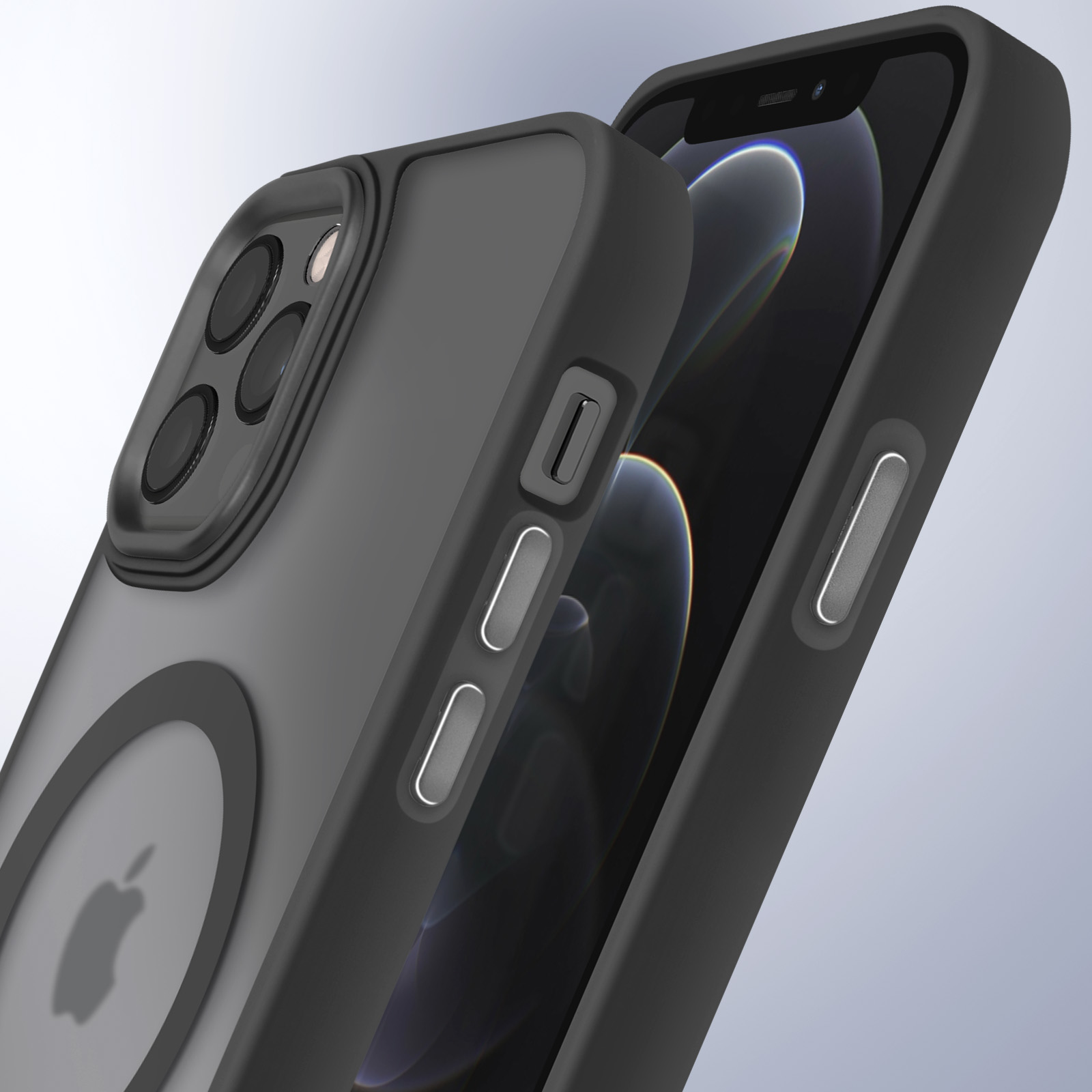 Un telefono nero con una custodia. La custodia ha un logo a forma di mela magnetico. Lo sfondo è azzurro.