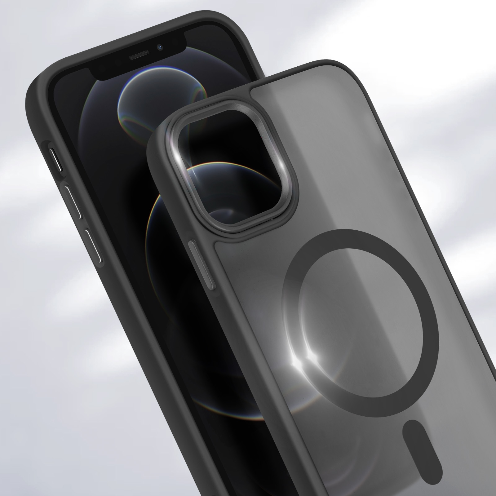 Custodia per telefono nera con un telefono all'interno. La custodia è intorno al telefono.