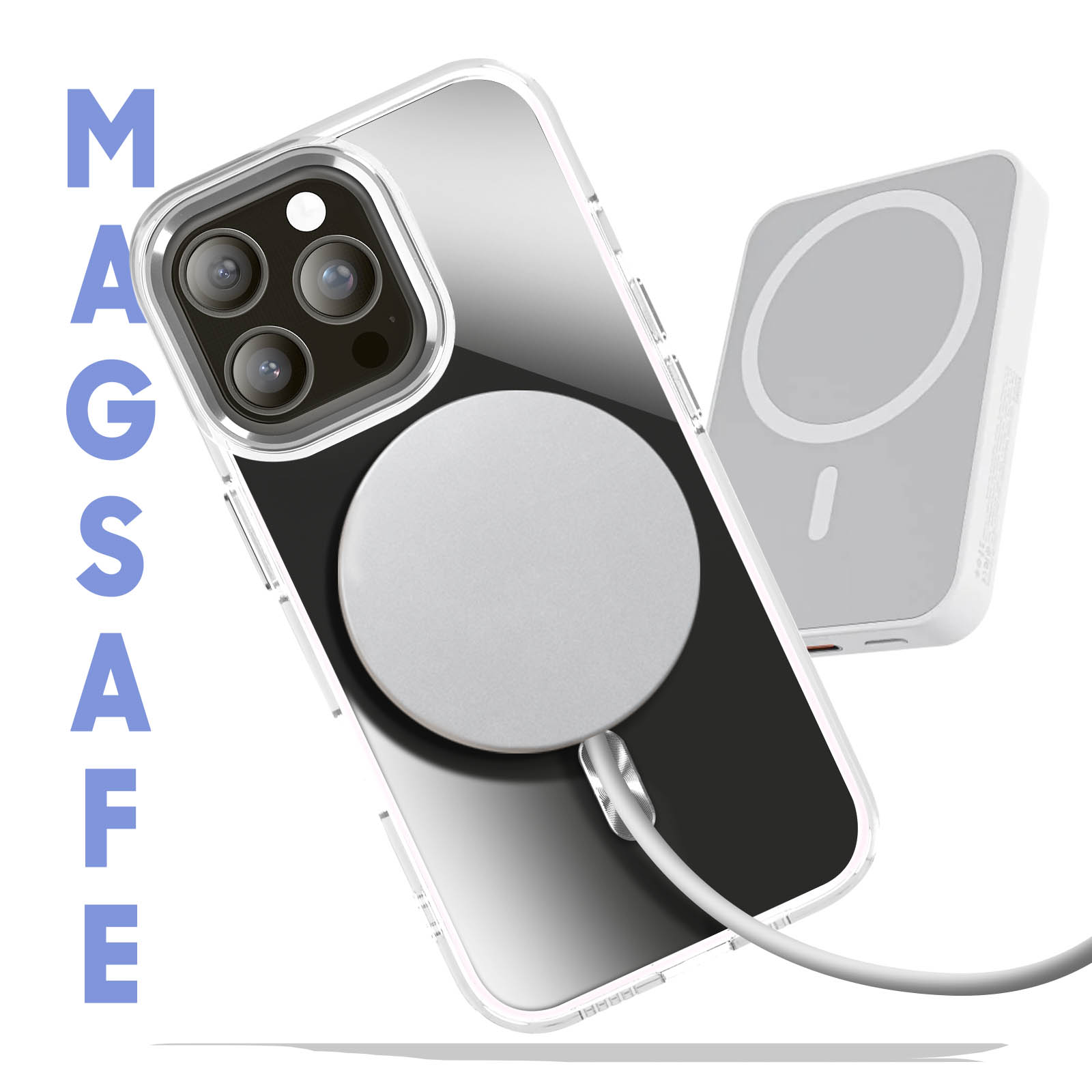 Custodia trasparente per telefono con caricatore MagSafe. Testo 'MAGSAFE' a sinistra. Sfondo bianco.