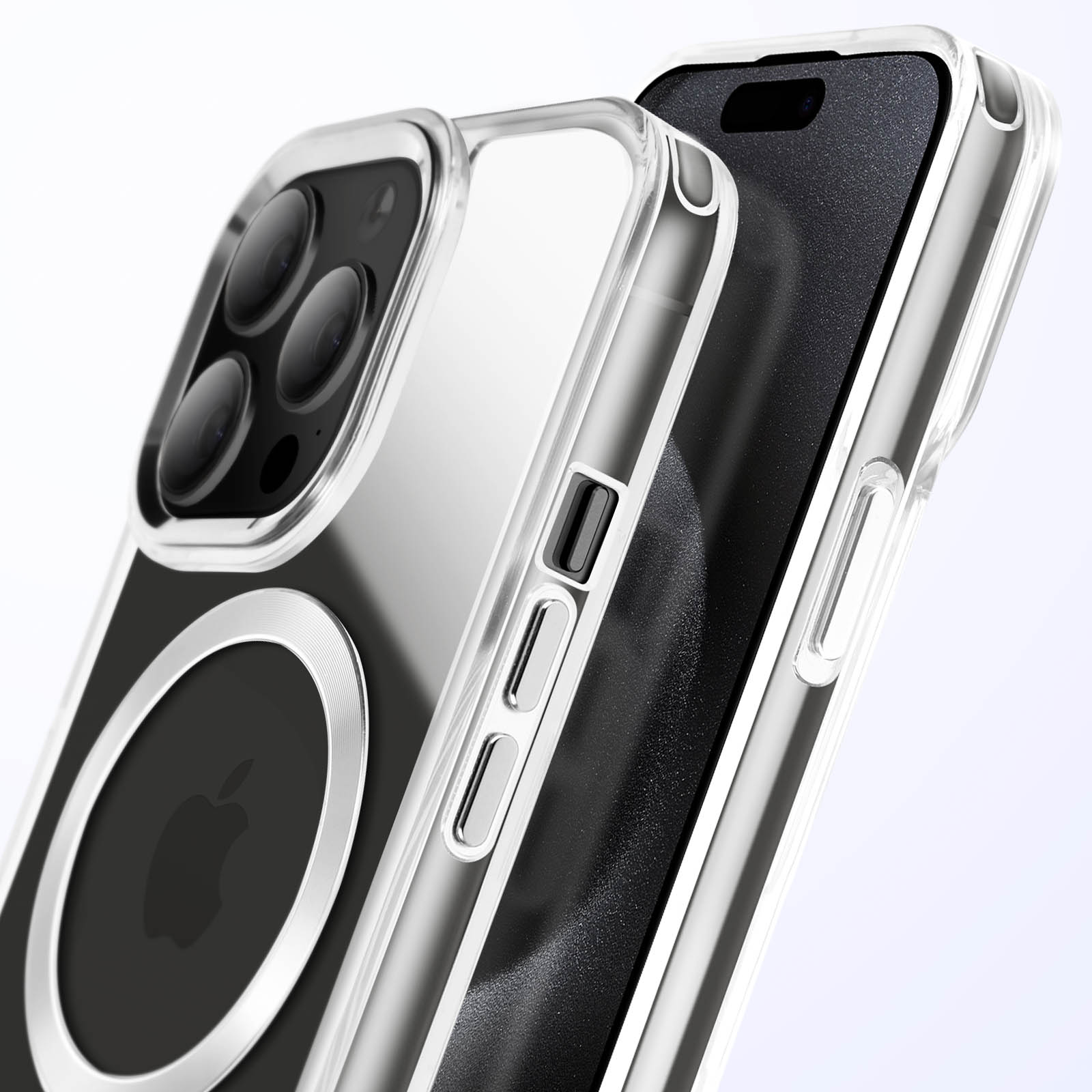 Custodia trasparente per telefono su un telefono nero, che mostra il logo Apple. La custodia è trasparente.