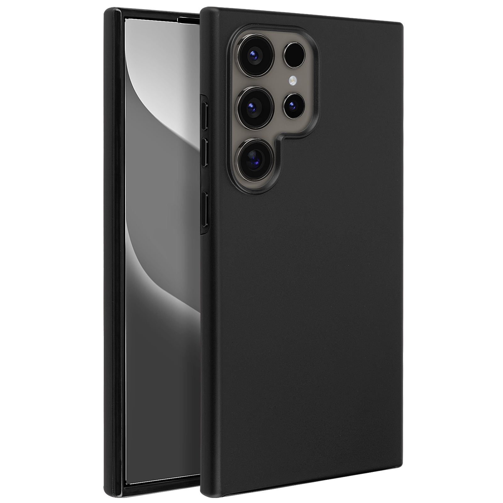 Custodia per telefono nera con modulo fotocamera su sfondo nero.