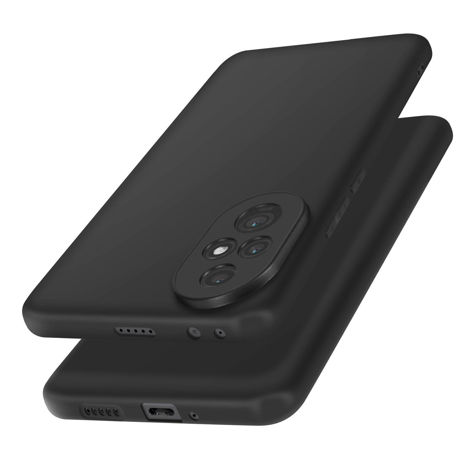 Zwei schwarze Telefone. Rückansicht des Telefons zeigt Kamera und Anschlüsse, übereinander liegend.