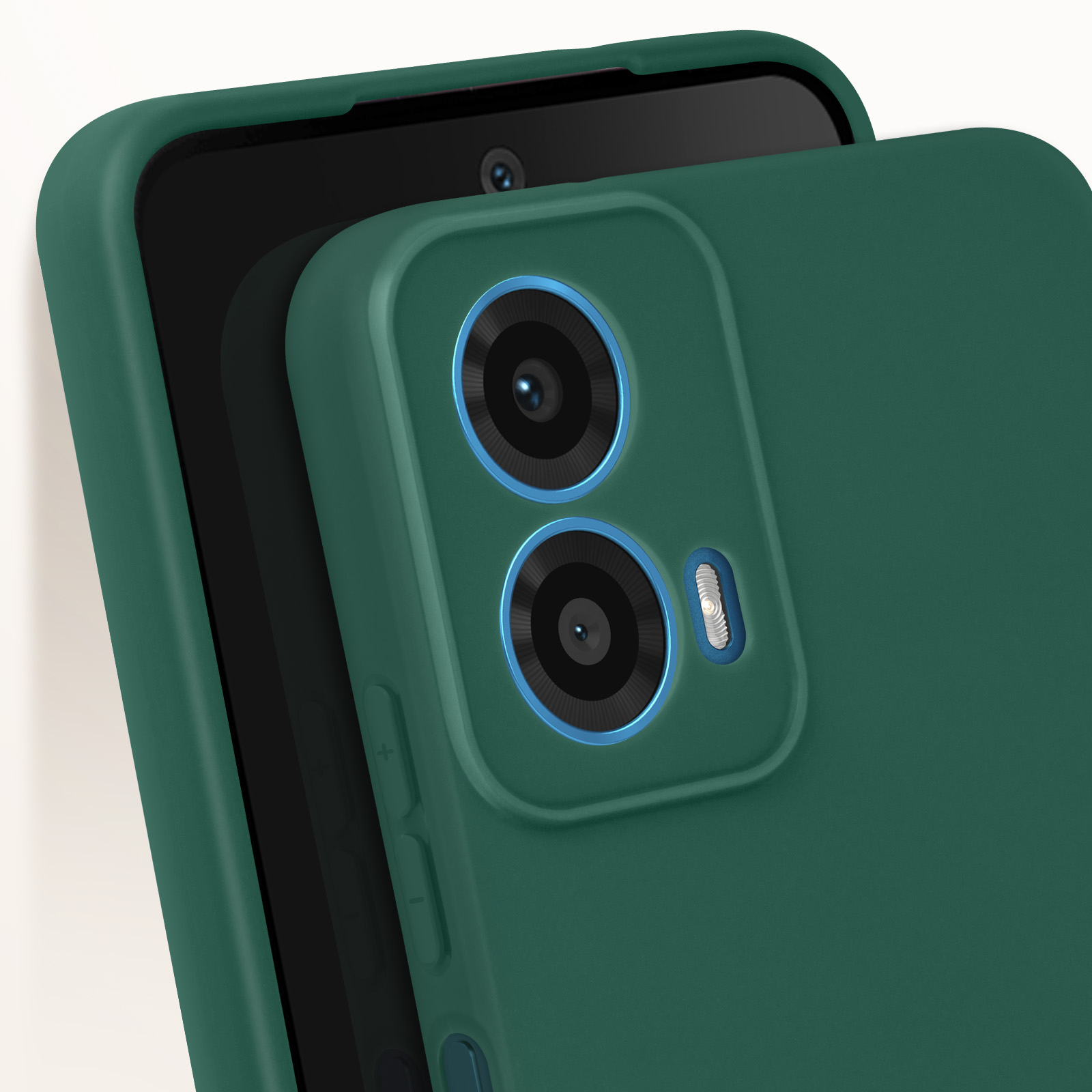 Telefon mit grüner Hülle, Kameralinsen sichtbar. Aussparung für Objektive.