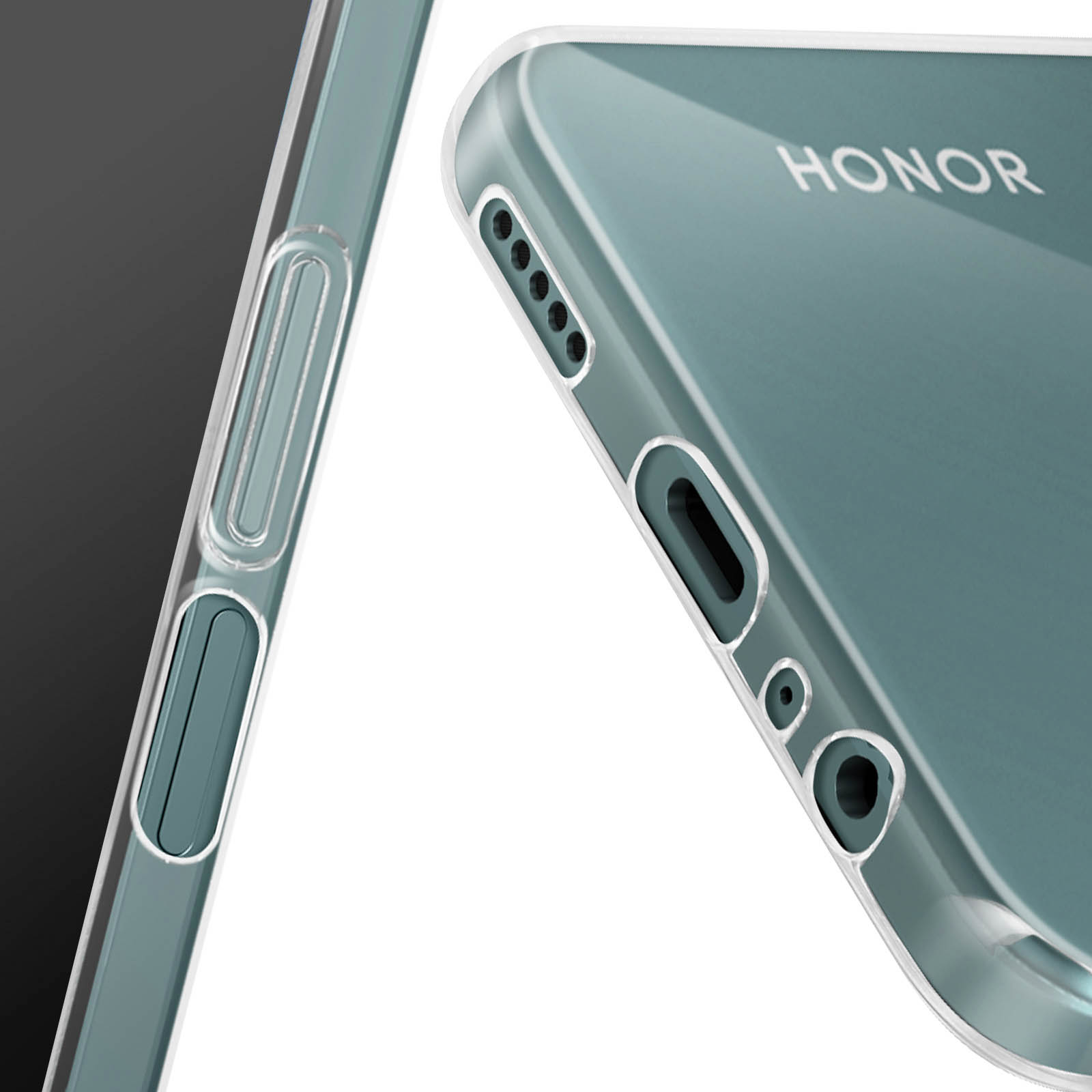 Dettaglio della custodia del telefono. Il telefono è etichettato come 'HONOR'. Colore grigio-verde.