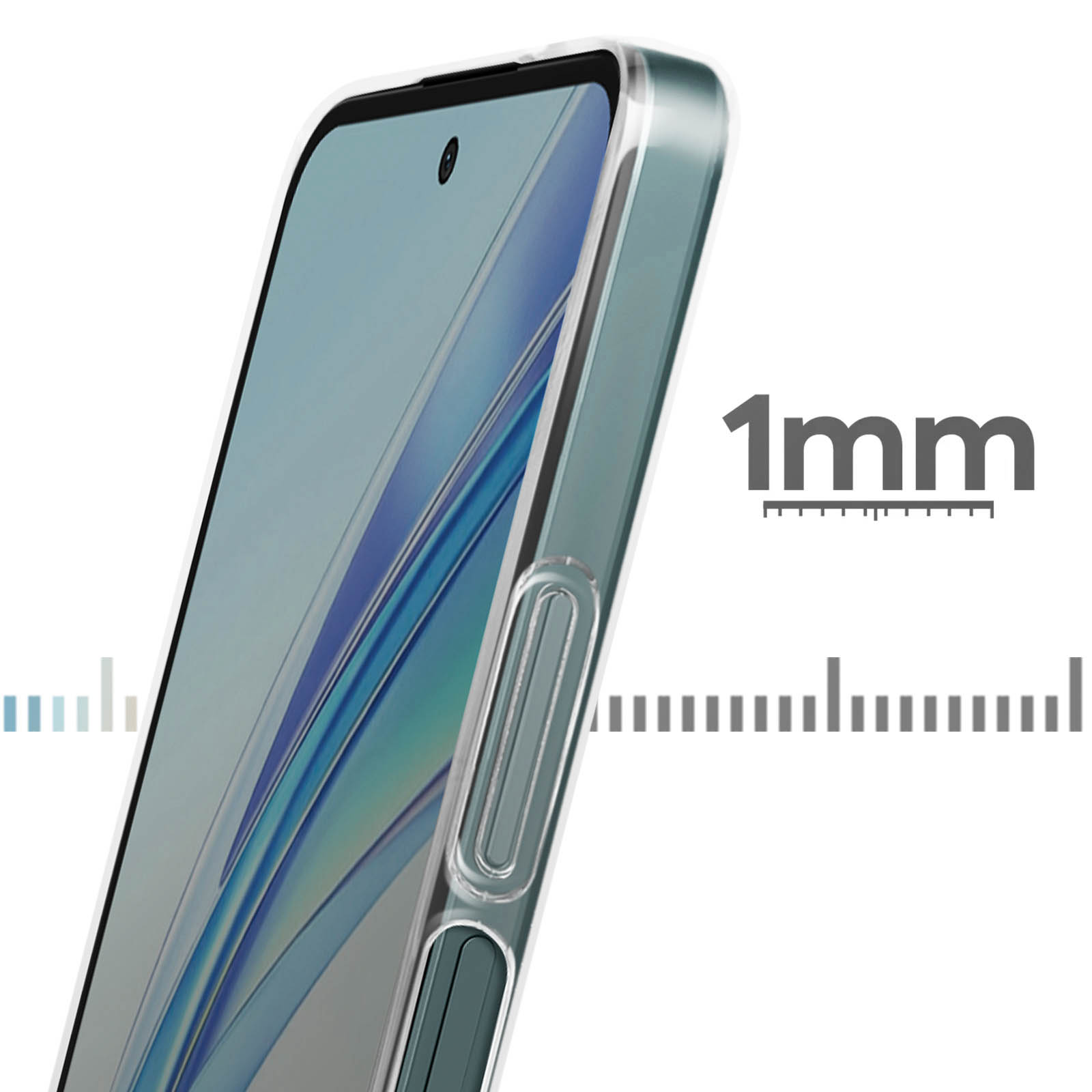 Primo piano del lato di un telefono. Custodia trasparente. Righello mostra 1 mm di spessore. Sfondo bianco.