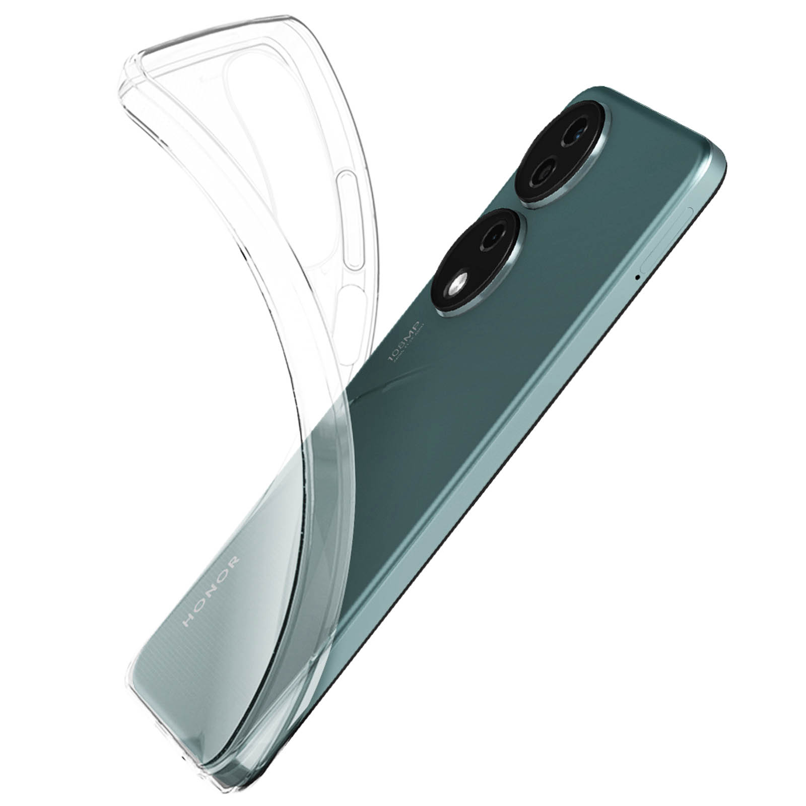 Una custodia trasparente per telefono su un telefono verde. Il telefono ha due lenti della fotocamera.