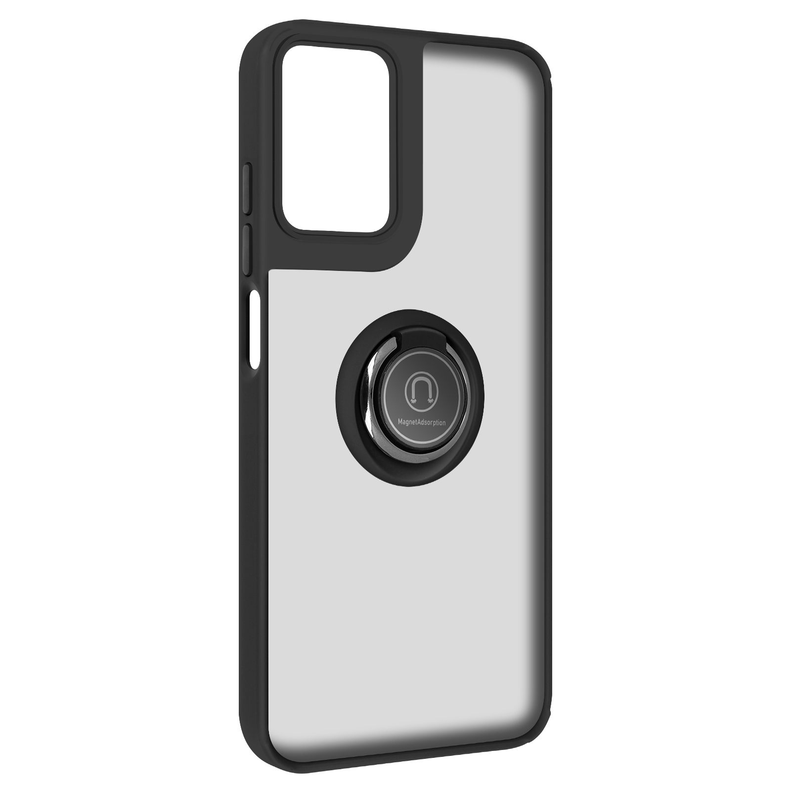 Una custodia nera e trasparente con un porta anello sul retro.