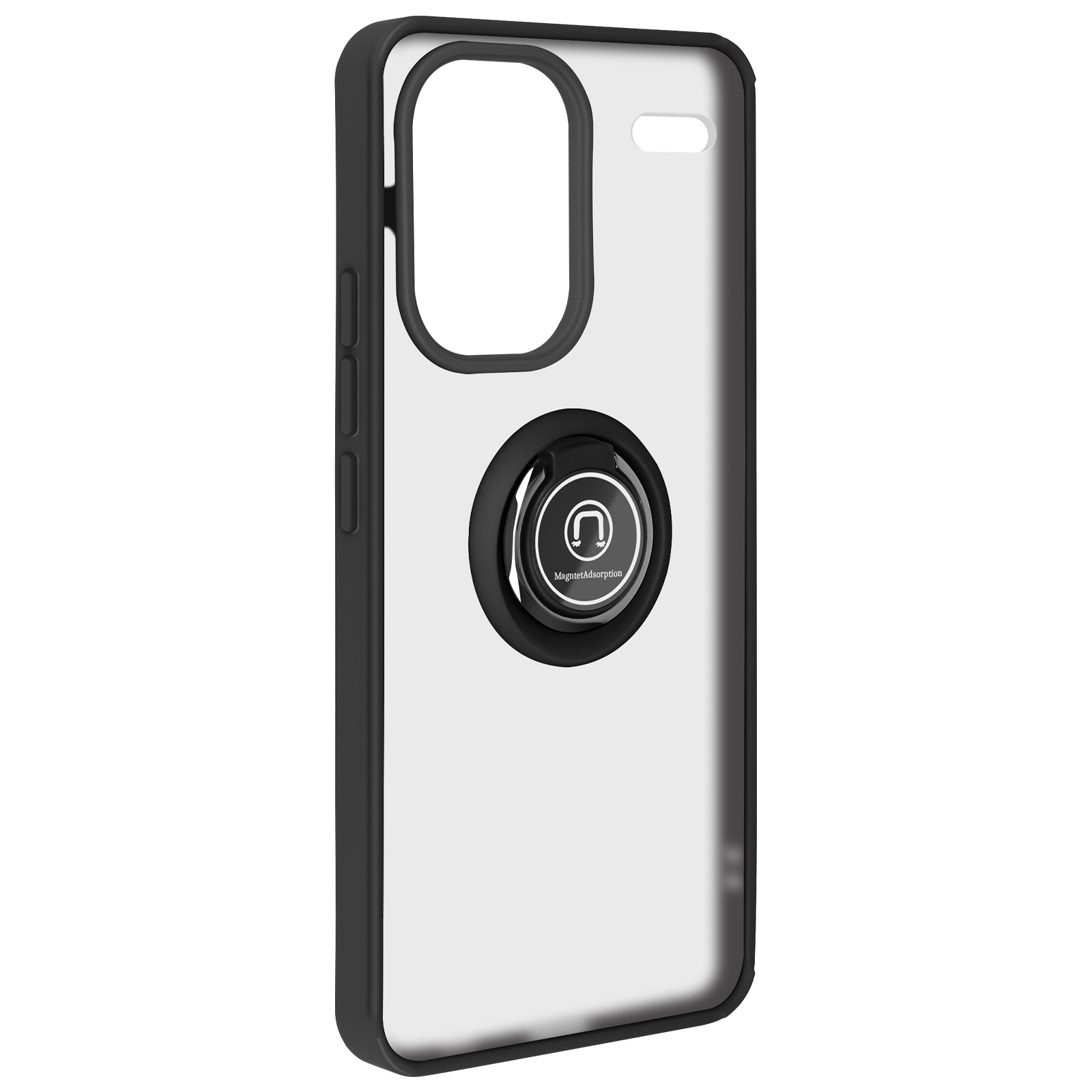 Custodia per telefono nera con retro trasparente e un anello di supporto. L'anello di supporto ha un logo argentato.