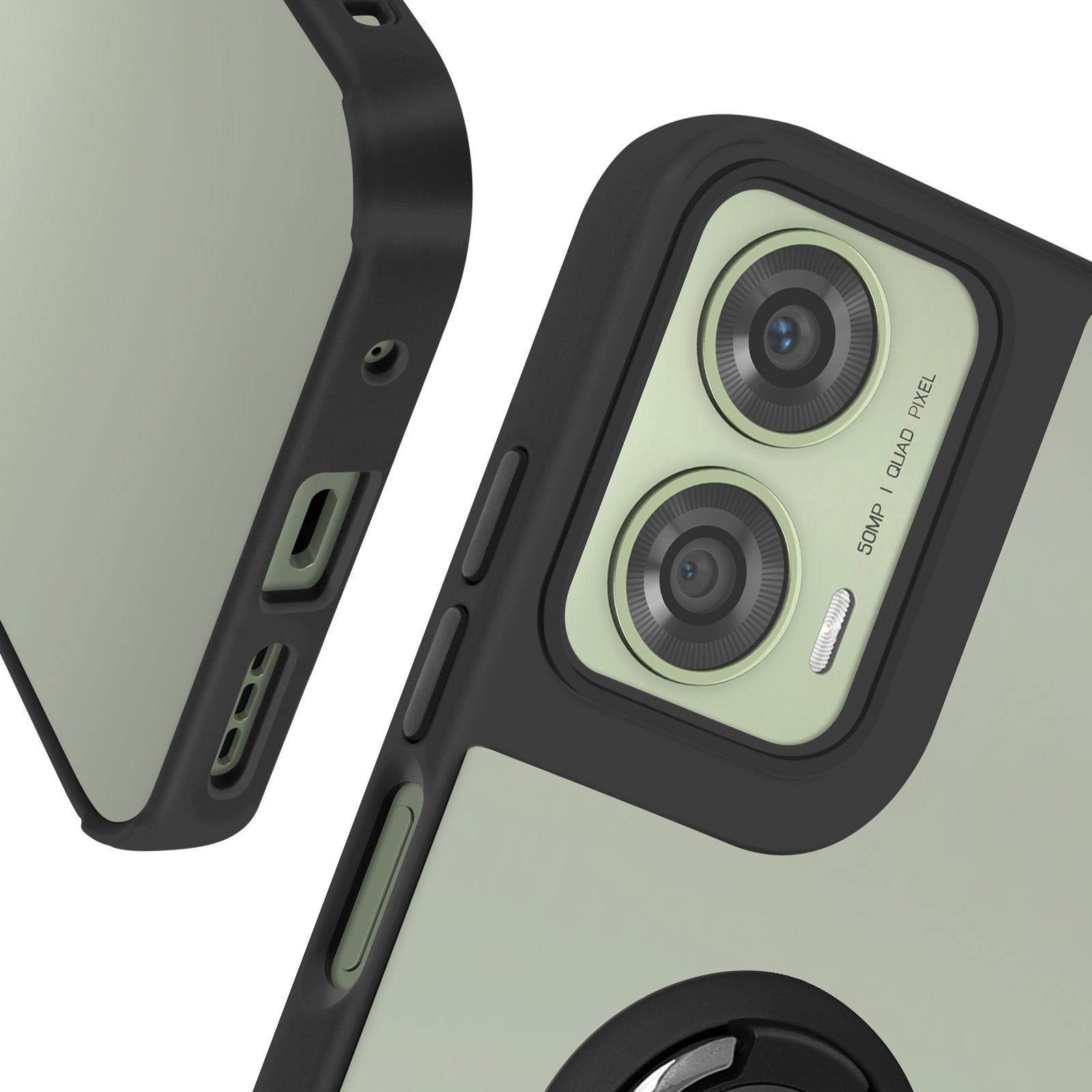 Custodia per telefono con bordi neri, retro verde chiaro e due fotocamere. Dettagli laterali.