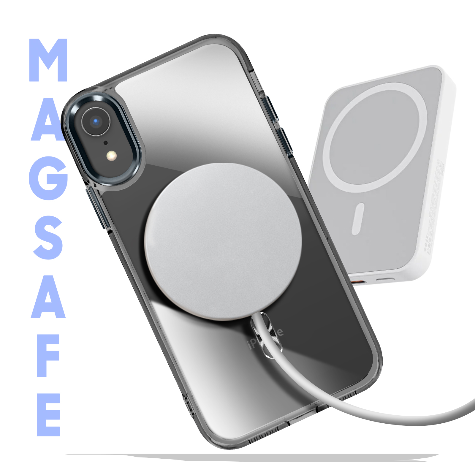 Telefono in custodia MagSafe trasparente con caricatore MagSafe. Cavo bianco collegato.