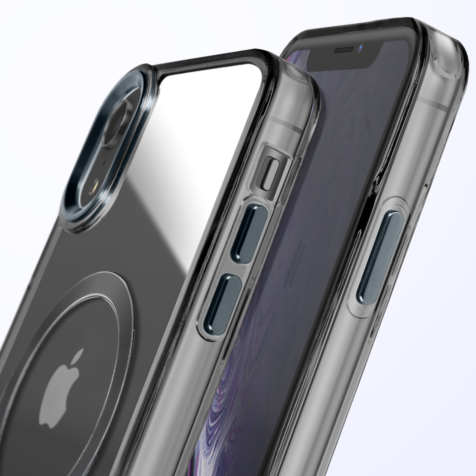 Telefono in una custodia trasparente con un cerchio nero sul retro. Un altro telefono è visibile.