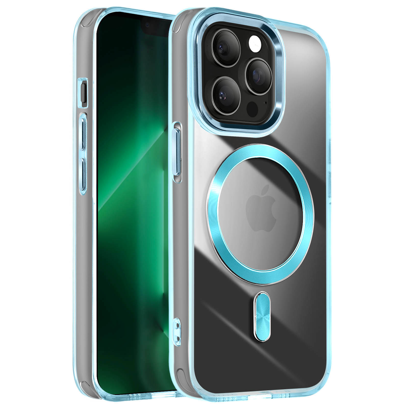 Custodia per telefono trasparente con dettagli blu. Logo Apple visibile. Design trasparente.