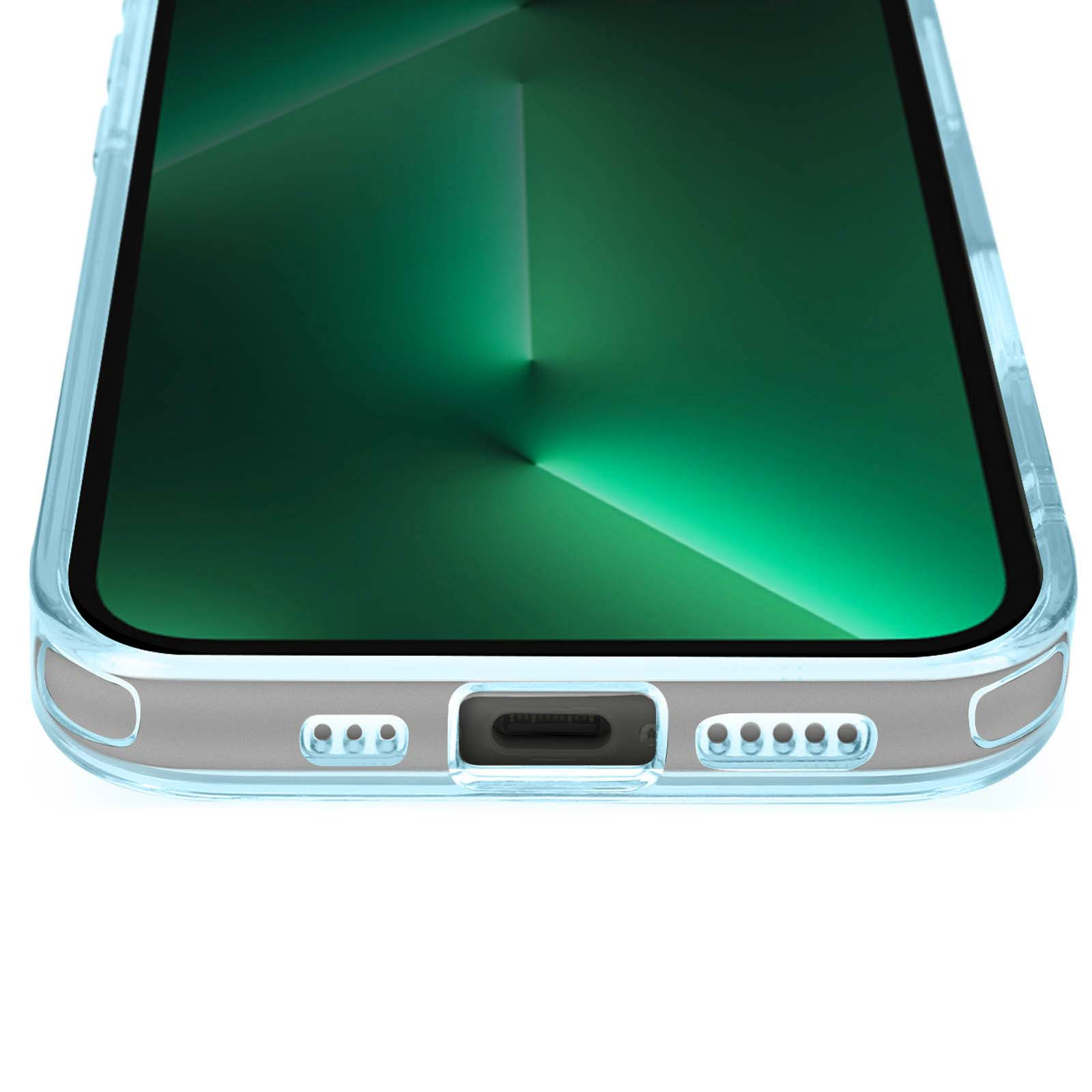 Parte inferiore di una custodia per telefono, con porta di ricarica e altoparlanti. La custodia è azzurra, lo sfondo è verde.