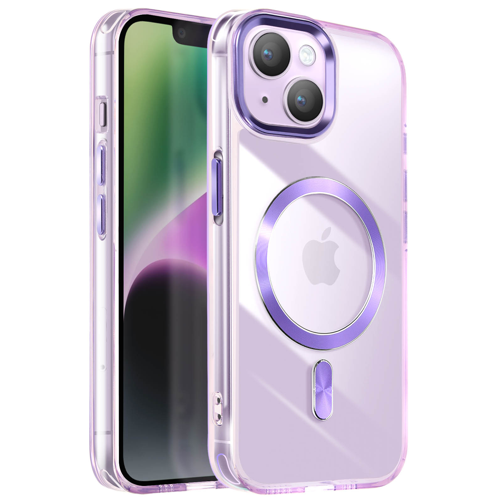 Un telefono in una custodia viola, che mostra il retro. La custodia ha un anello magnetico e un supporto.
