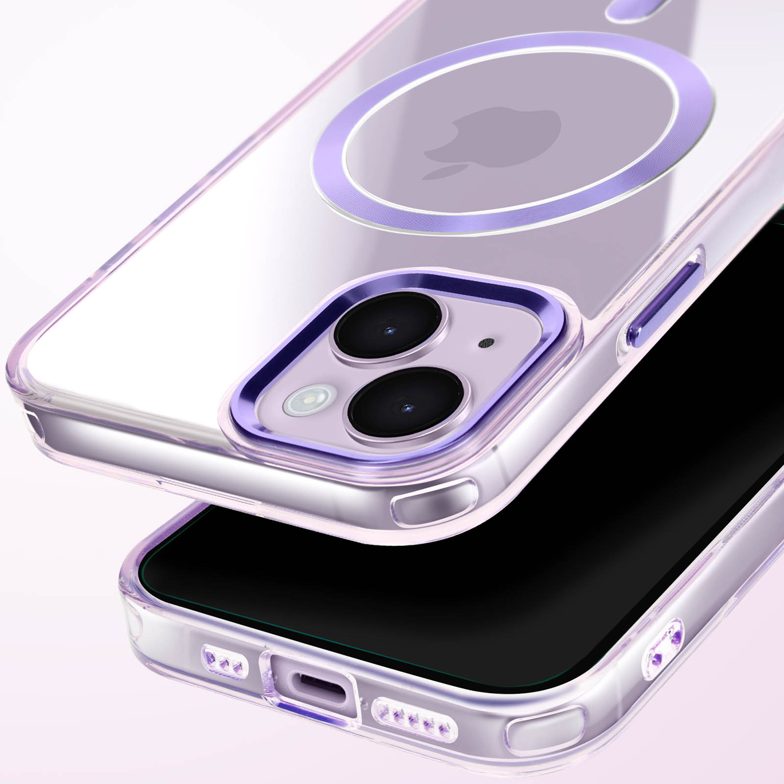 Telefono e custodia. Il telefono è nero, la custodia trasparente con cerchio viola.