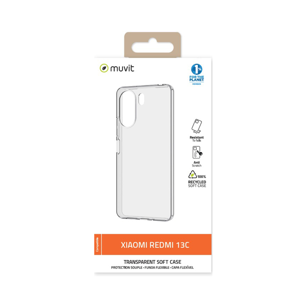 Scatola con custodia trasparente con testo: XIAOMI REDMI 13C. Custodia morbida trasparente.