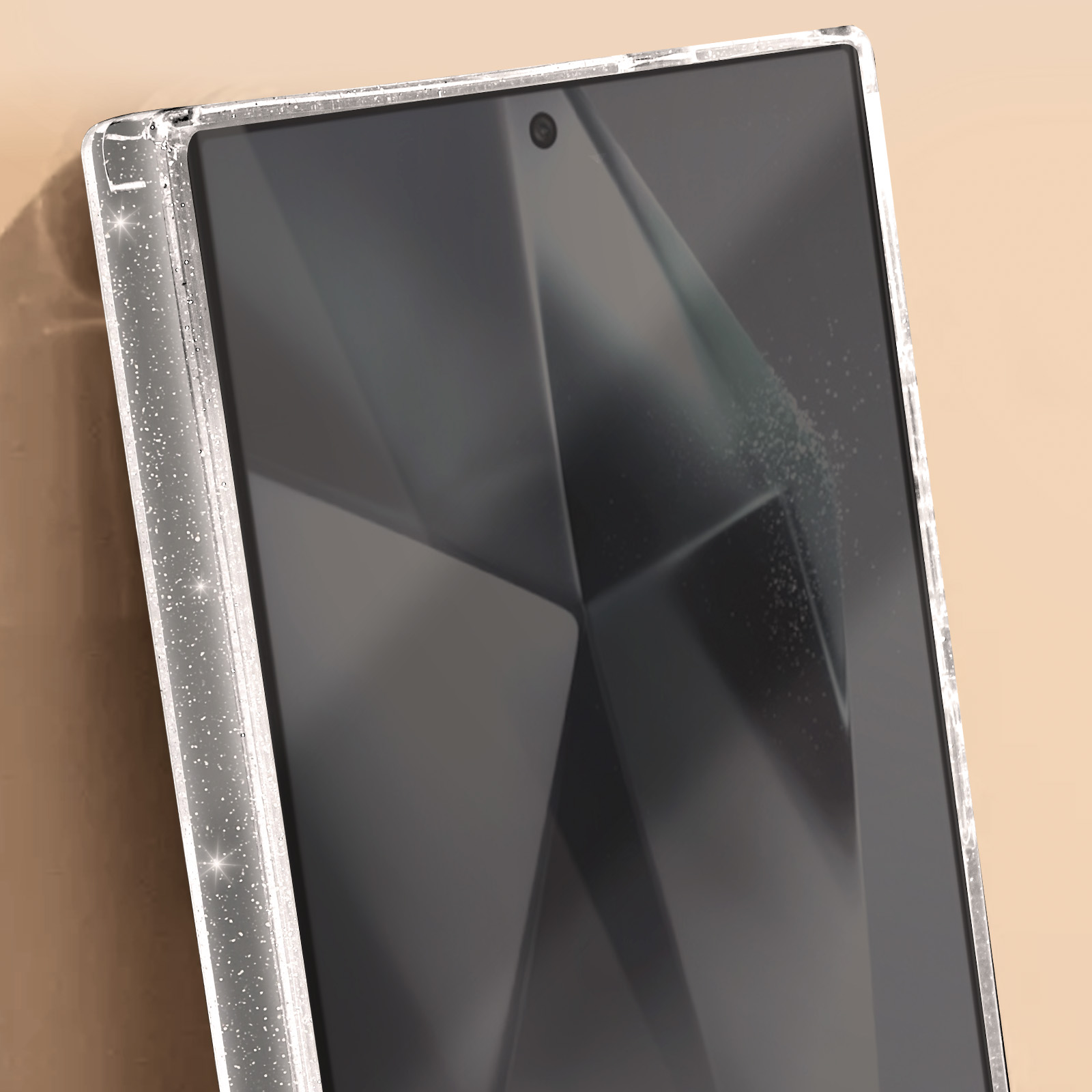 Schermo del telefono in una custodia trasparente. Lo schermo mostra un design geometrico scuro.
