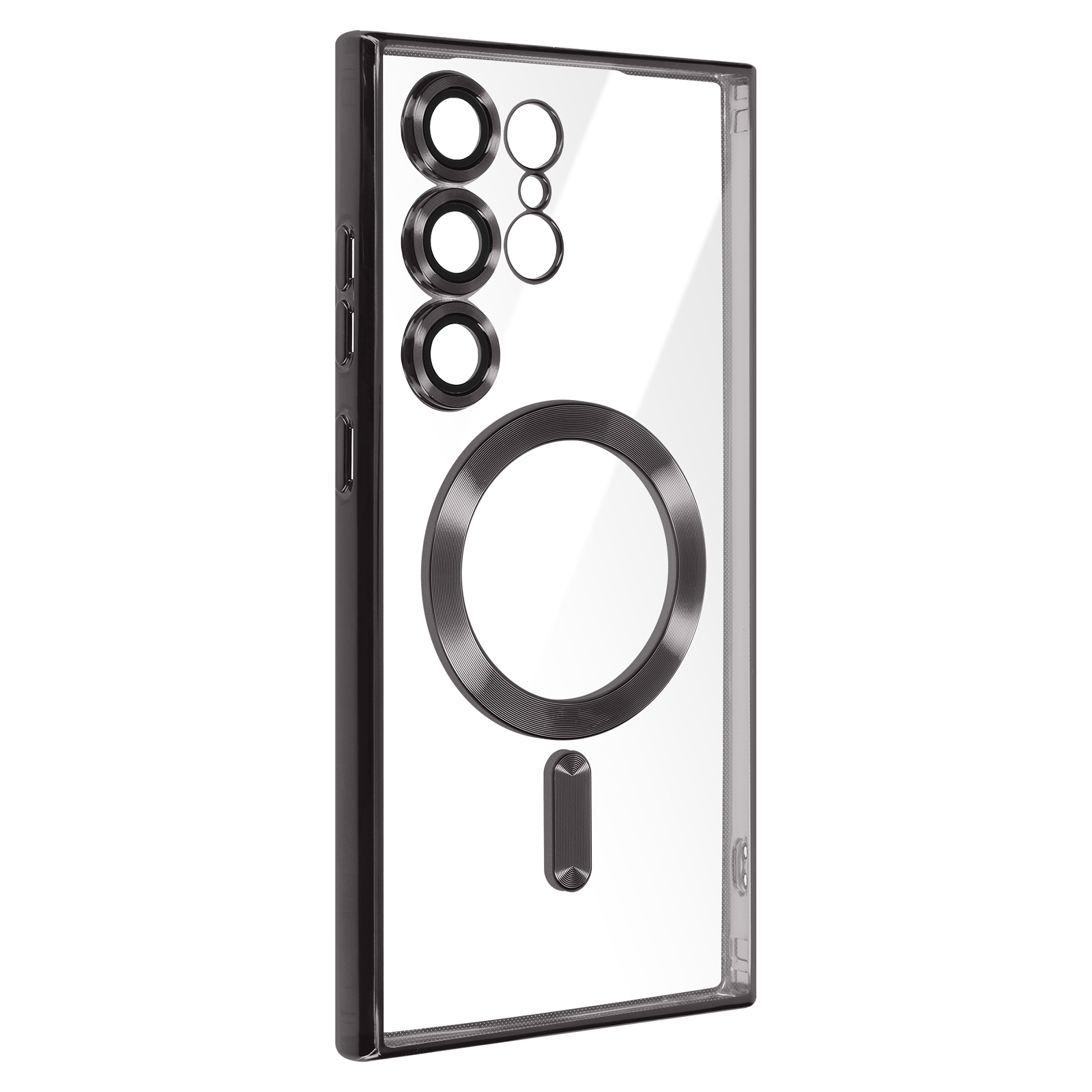 Una custodia trasparente per telefono con cornice nera. Ha un anello magnetico e tre fori per la fotocamera.