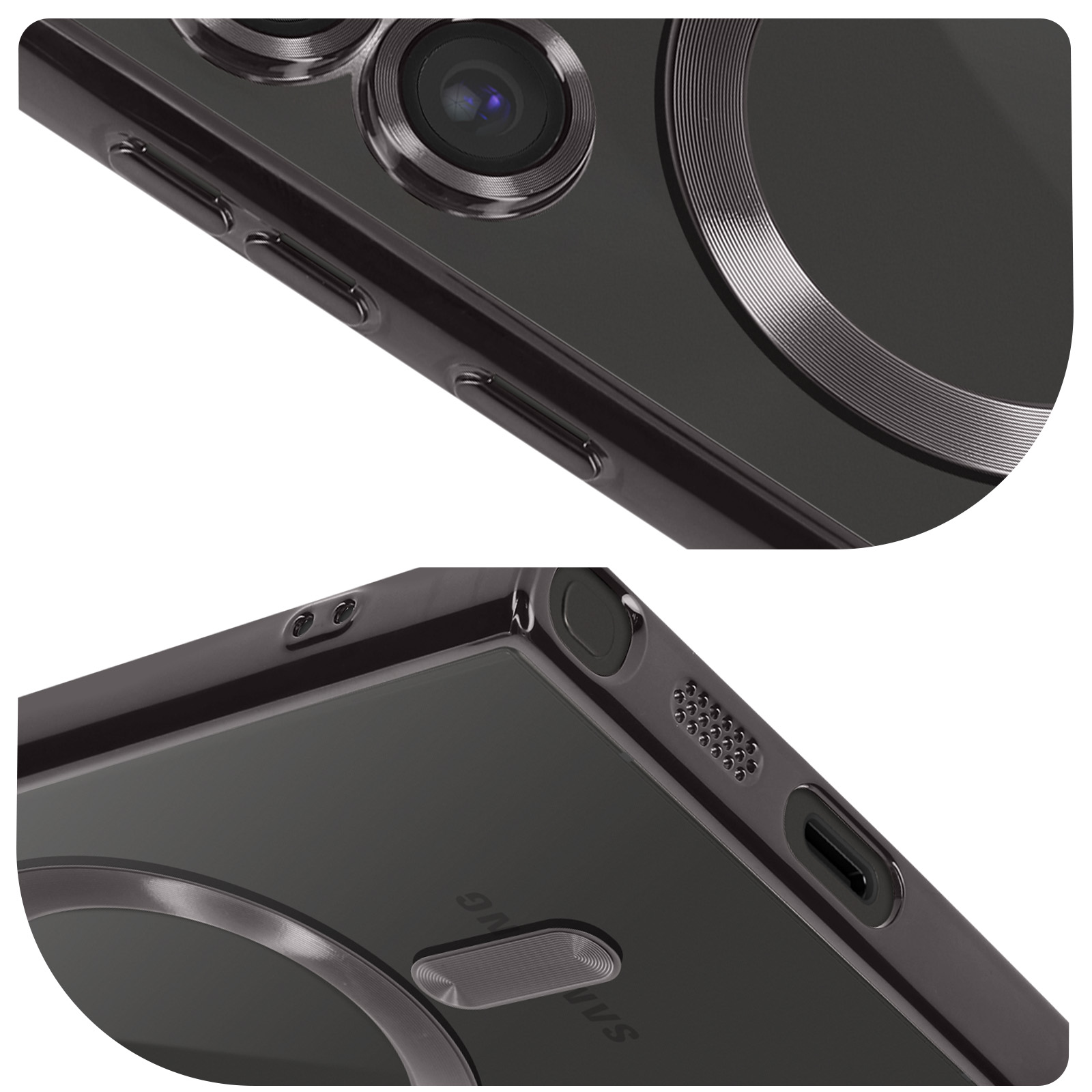 Primo piano di un telefono con custodia trasparente, mostra fotocamera e pulsanti.