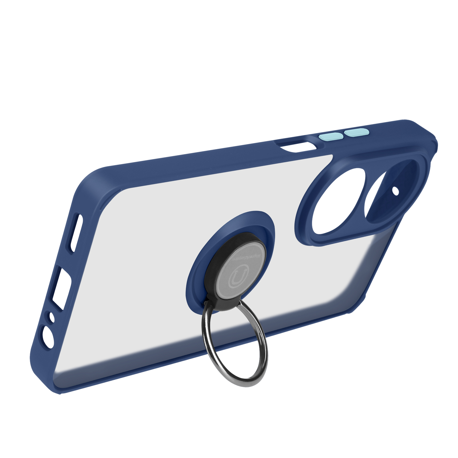 Custodia per telefono blu e trasparente con anello. L'anello è argentato. La custodia ha delle aperture.