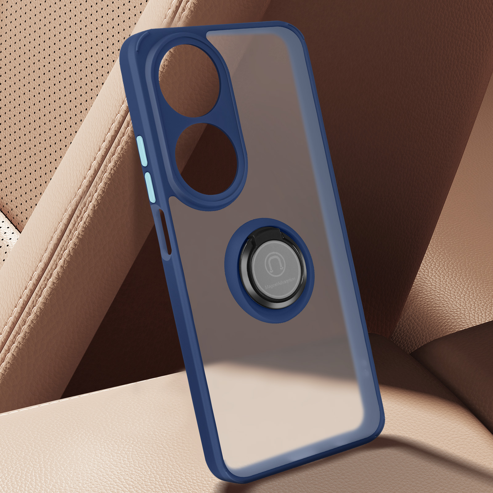 Custodia blu con anello, retro trasparente, su sedile auto.
