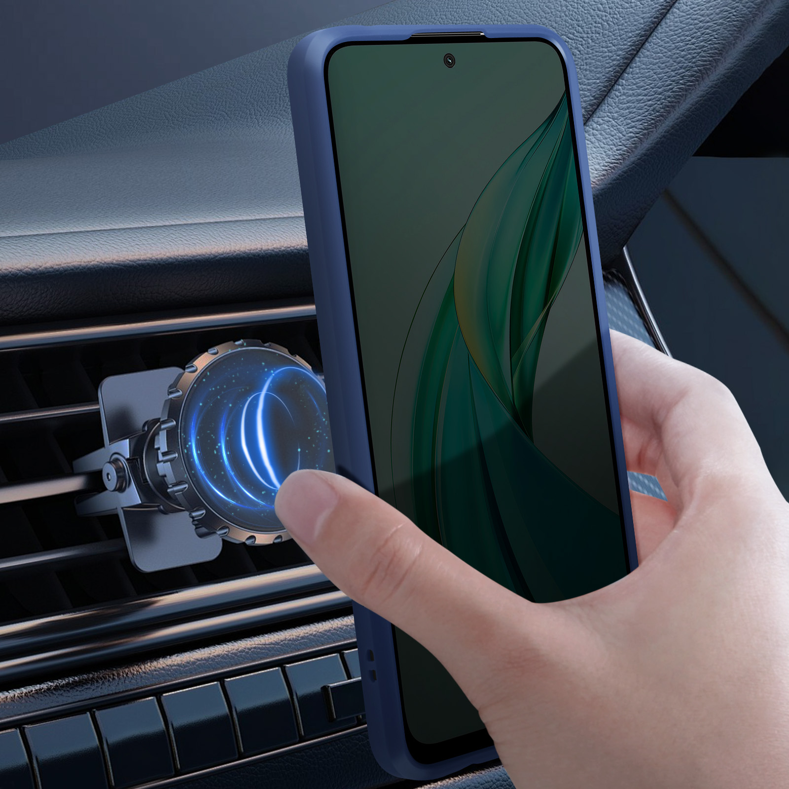 Un telefono in una custodia blu viene posizionato su un supporto per bocchetta dell'auto, luce blu.