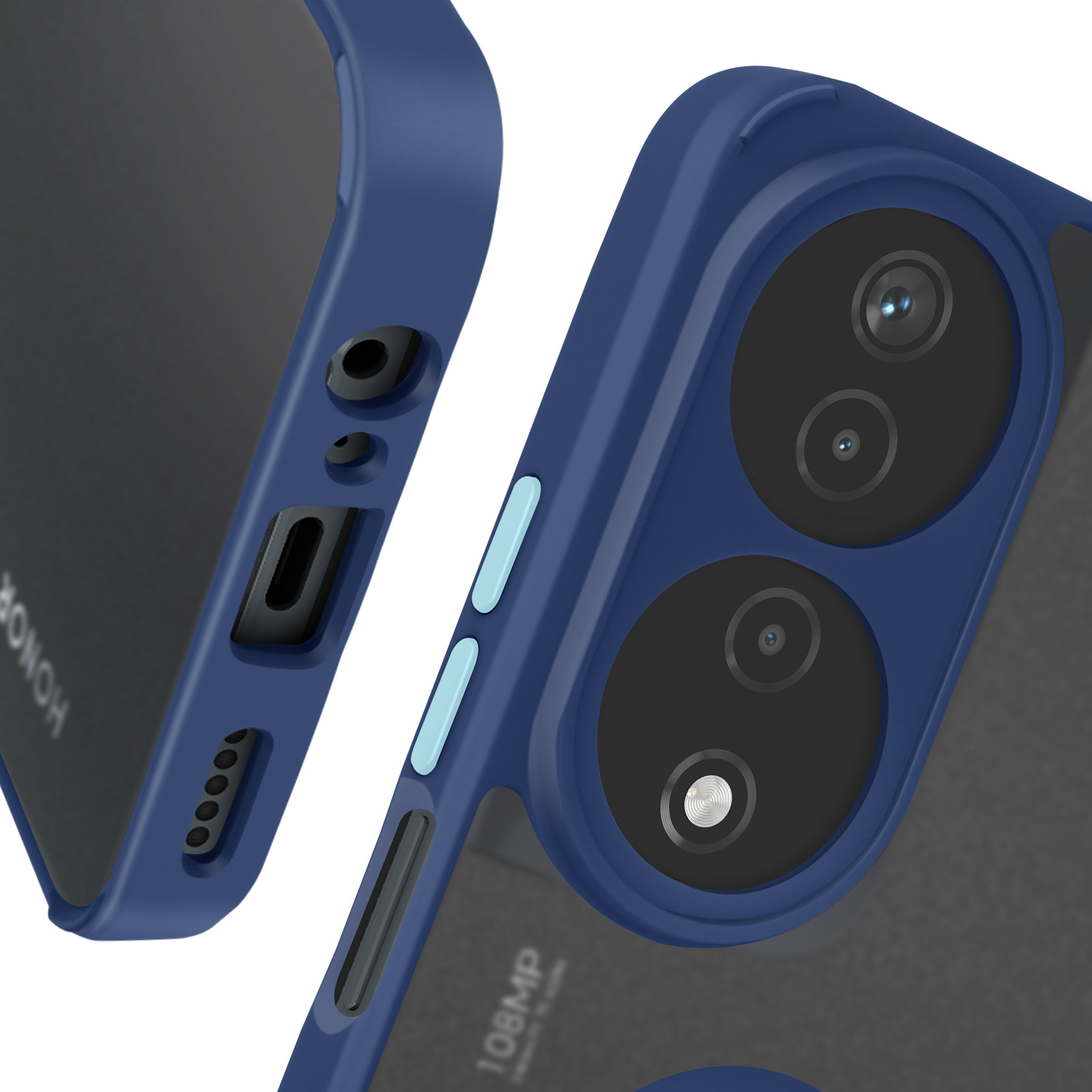 Custodia per telefono blu con una fotocamera e il lato del telefono visibile.