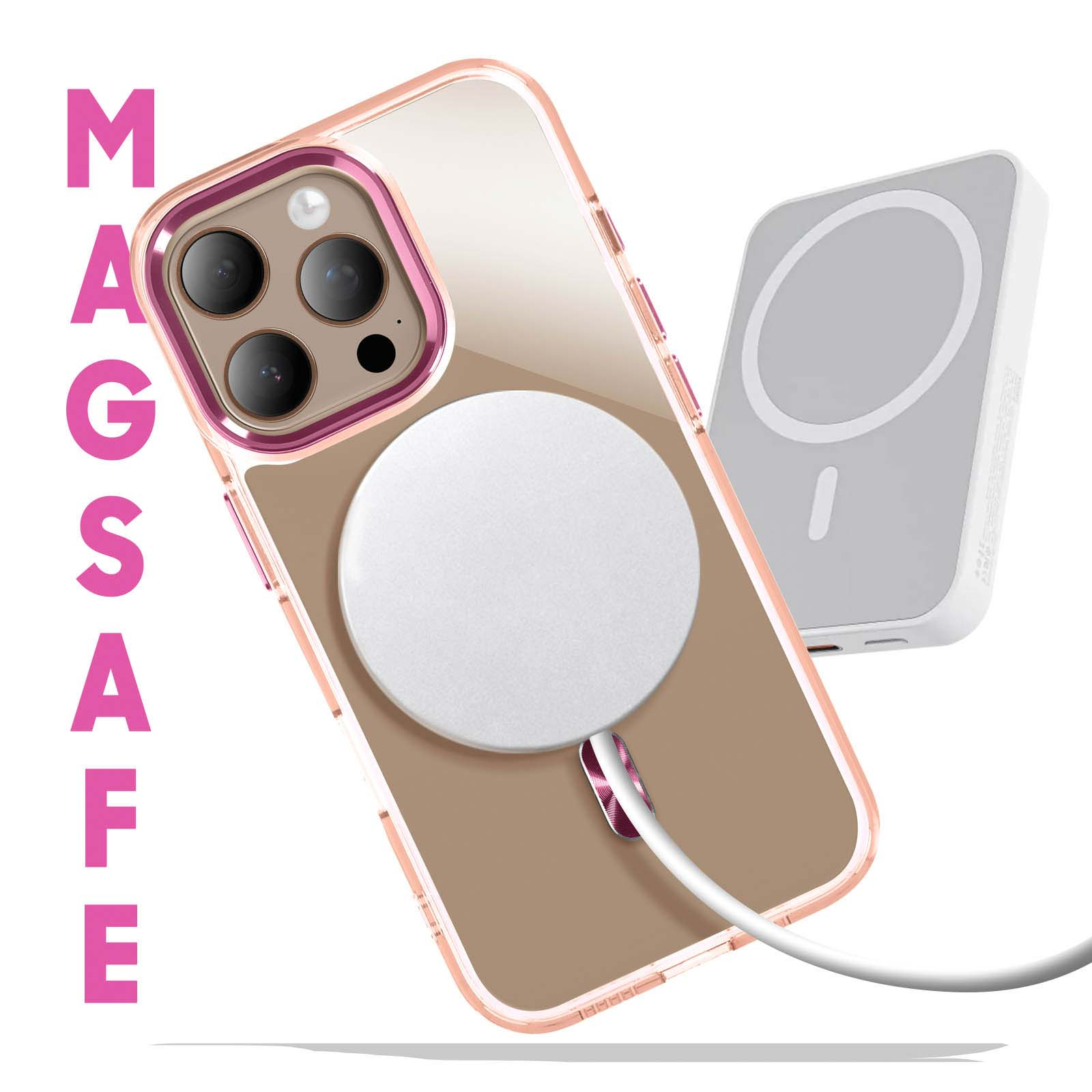 Telefono con custodia e caricatore wireless. La parola 'MAGSAFE' è a sinistra.