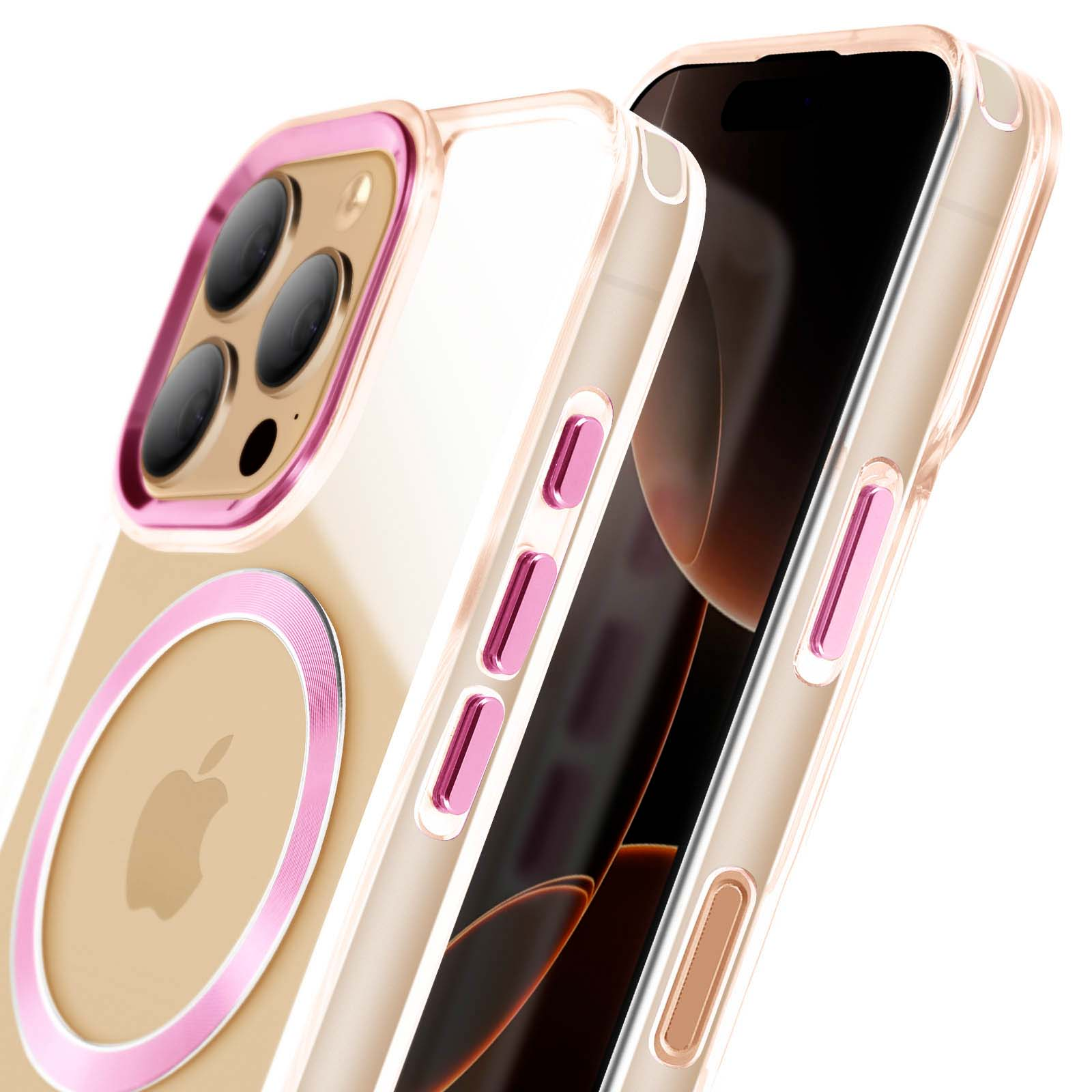 Telefono con anello rosa sulla custodia. Custodia trasparente, dettagli rosa.