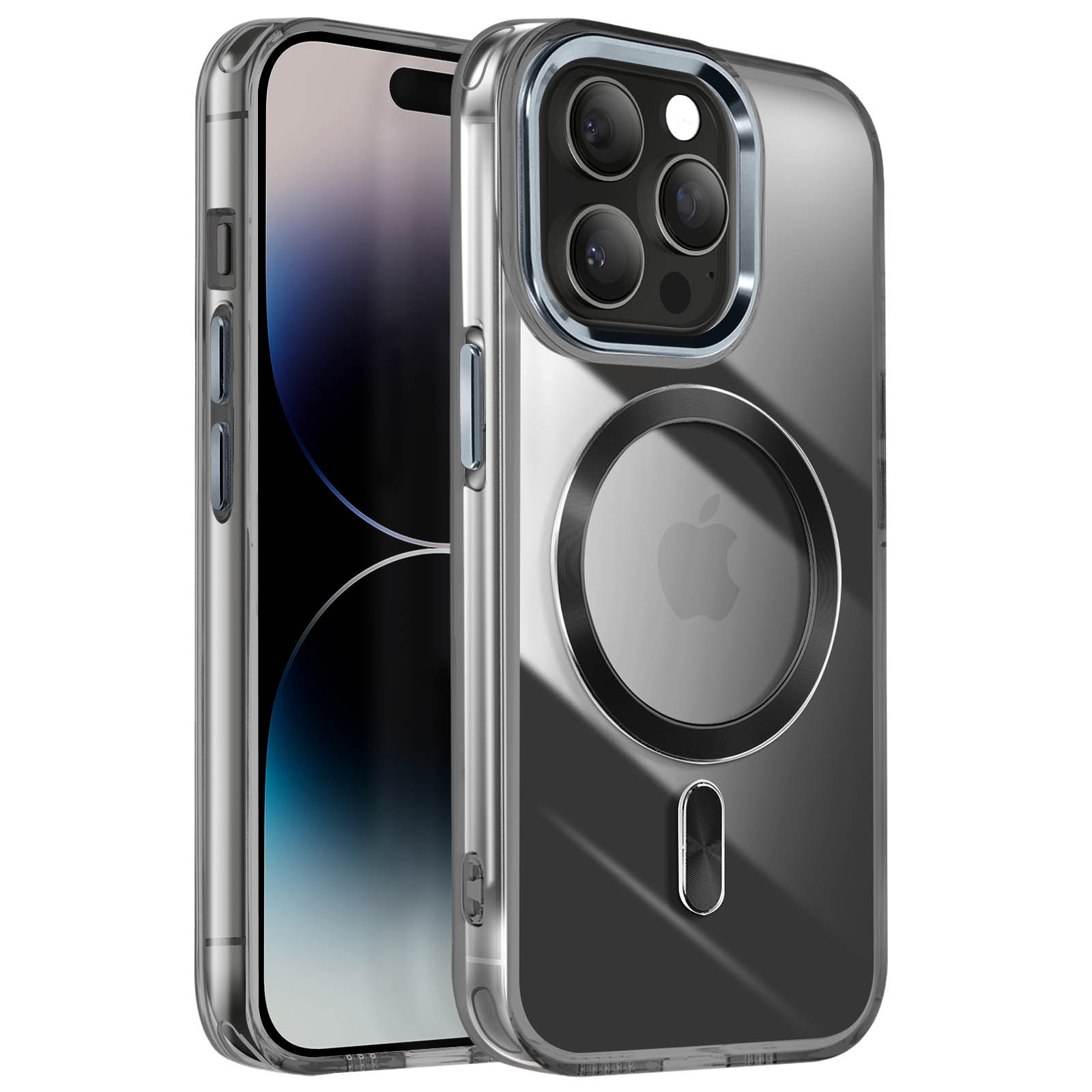 Custodia trasparente su smartphone con più fotocamere. Logo Apple visibile.